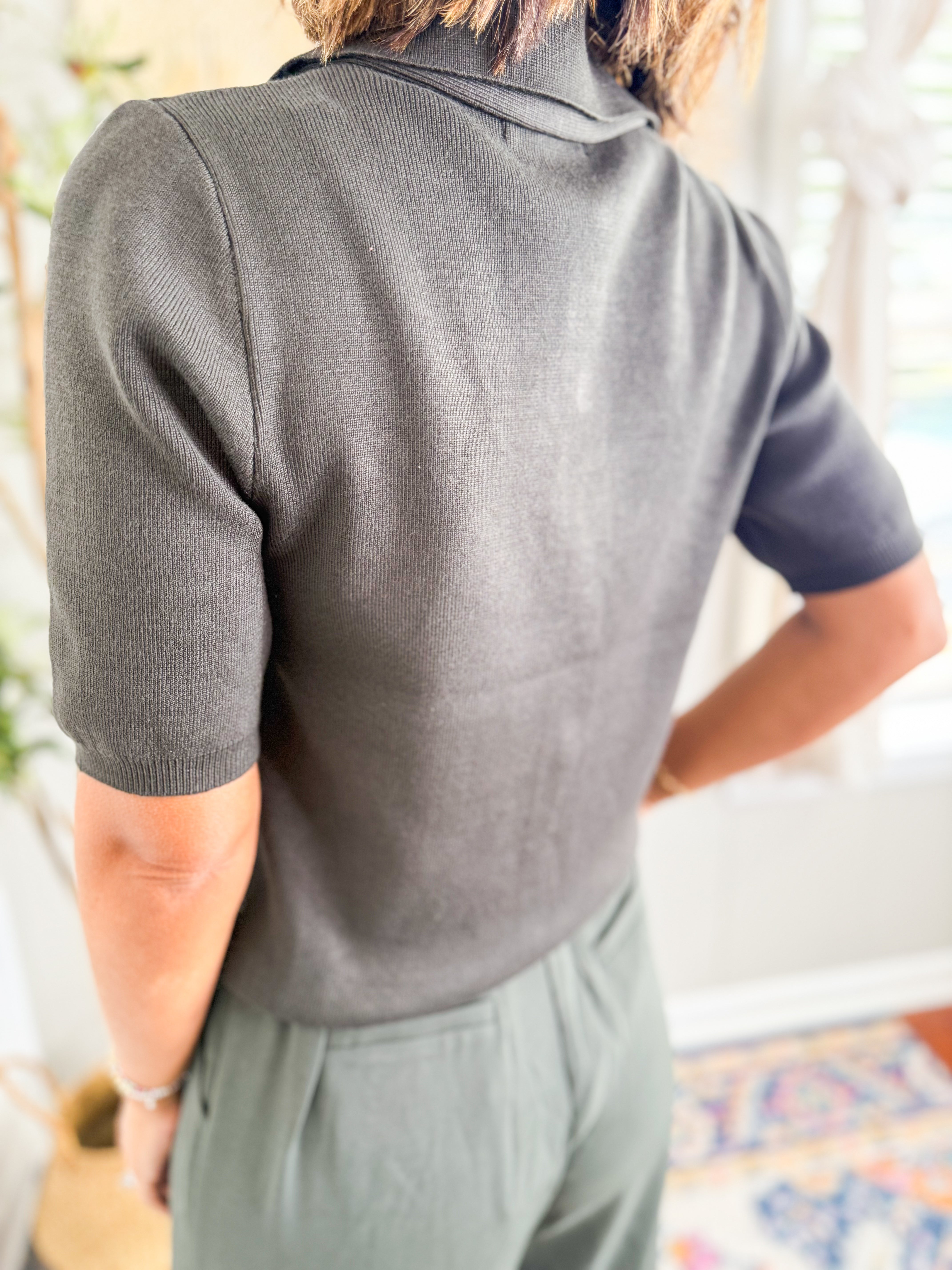 Olive Collar Short Sleeve Top