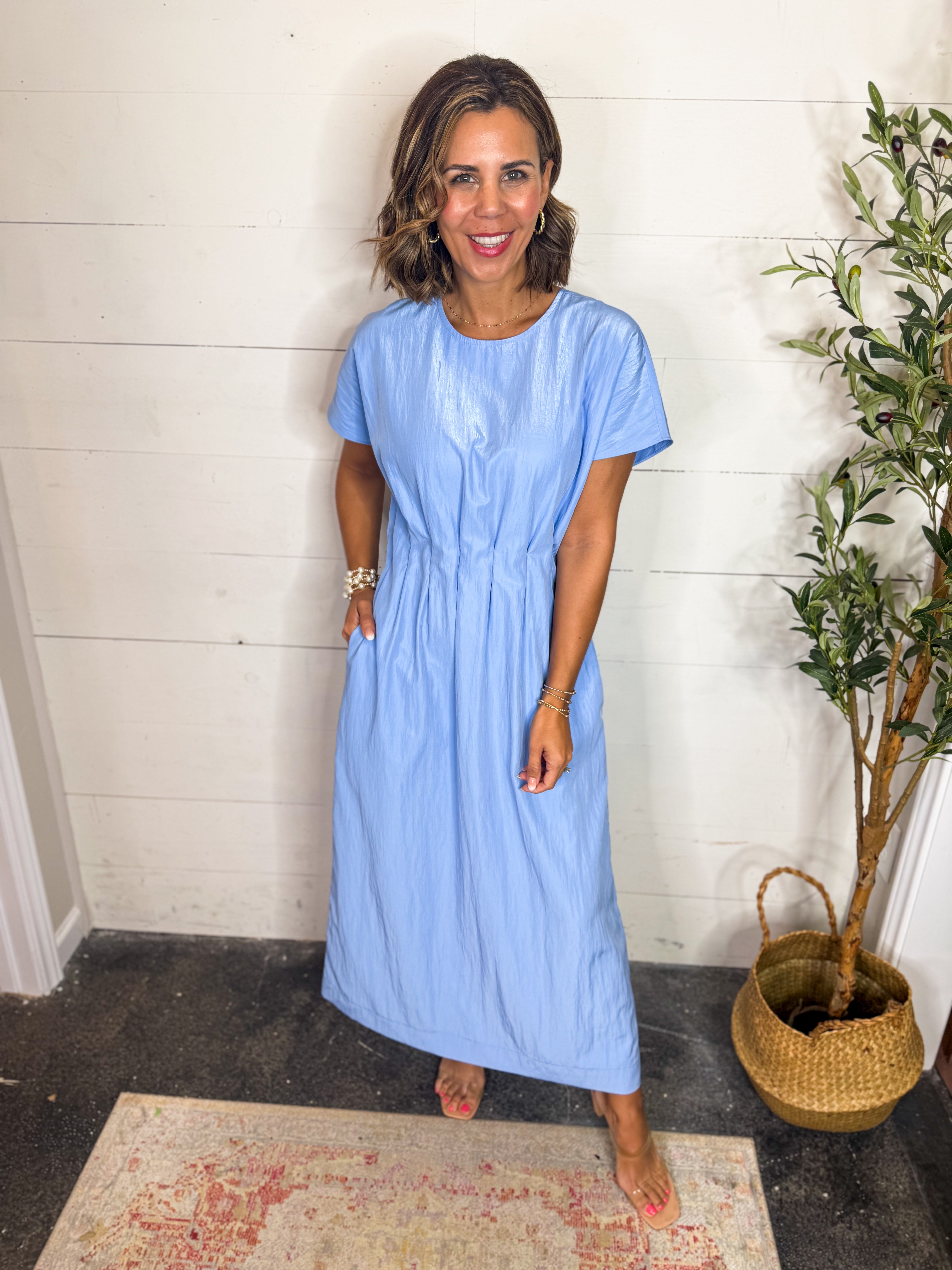 Round Neck Pleated Midi Dress