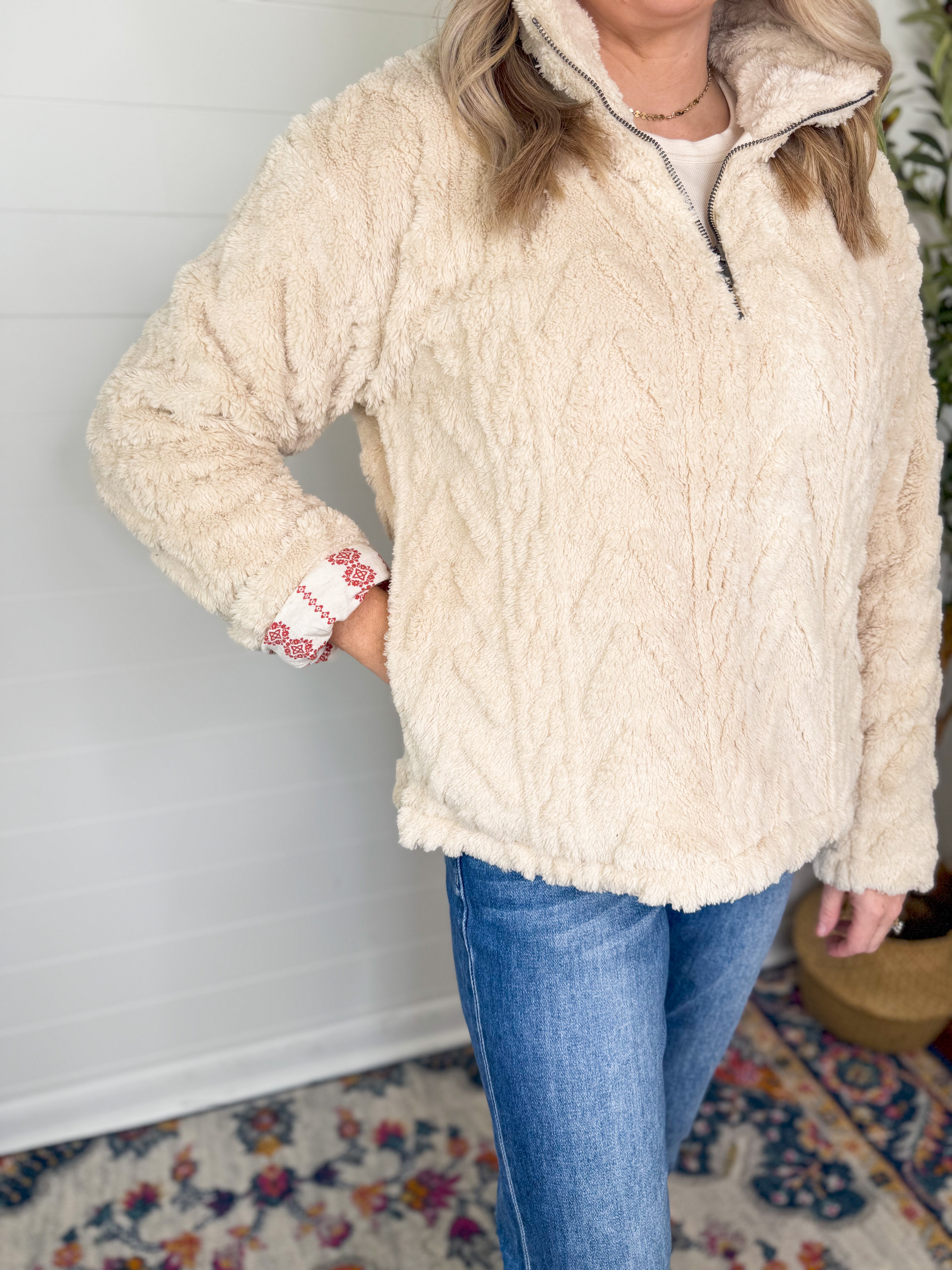 Fuzzy Half Zip Contrast Print Pullover