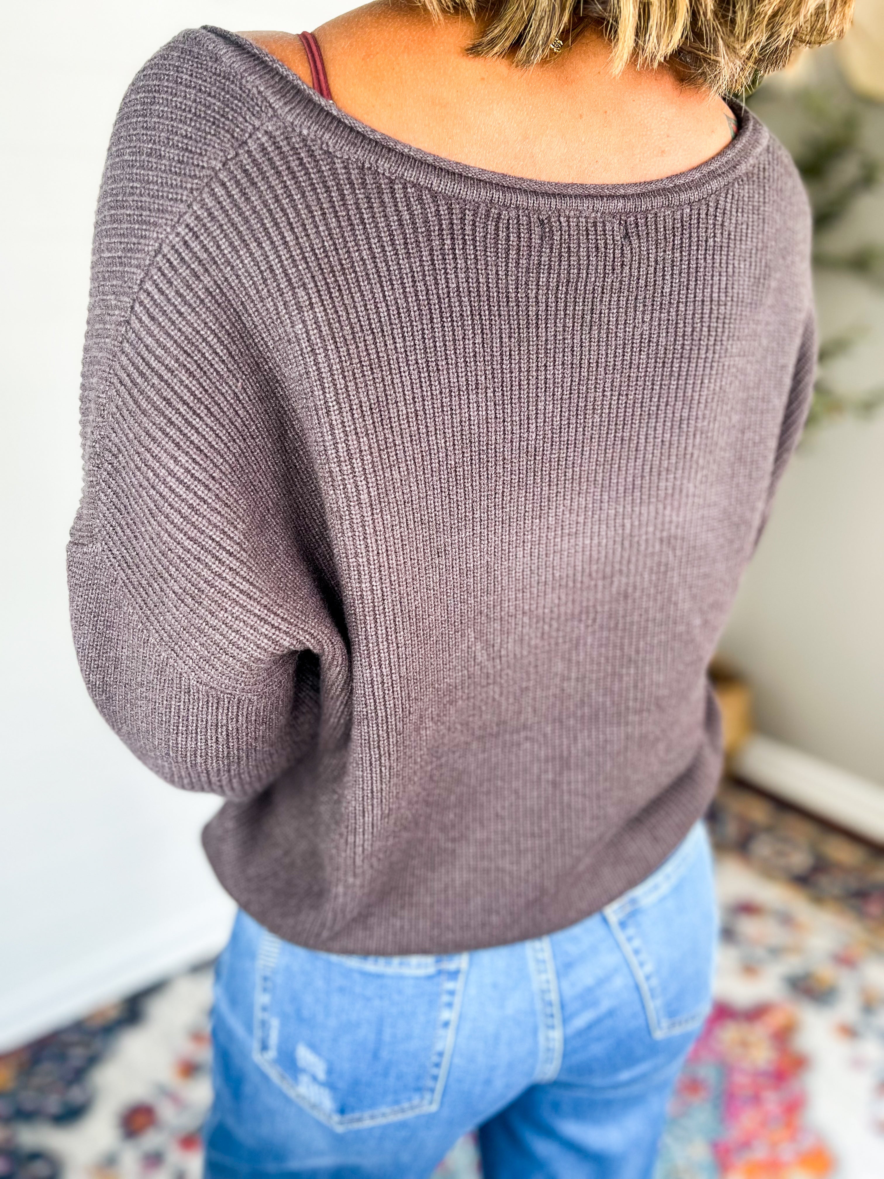 V-Neck Long Sleeve Drop Shoulder Sweater