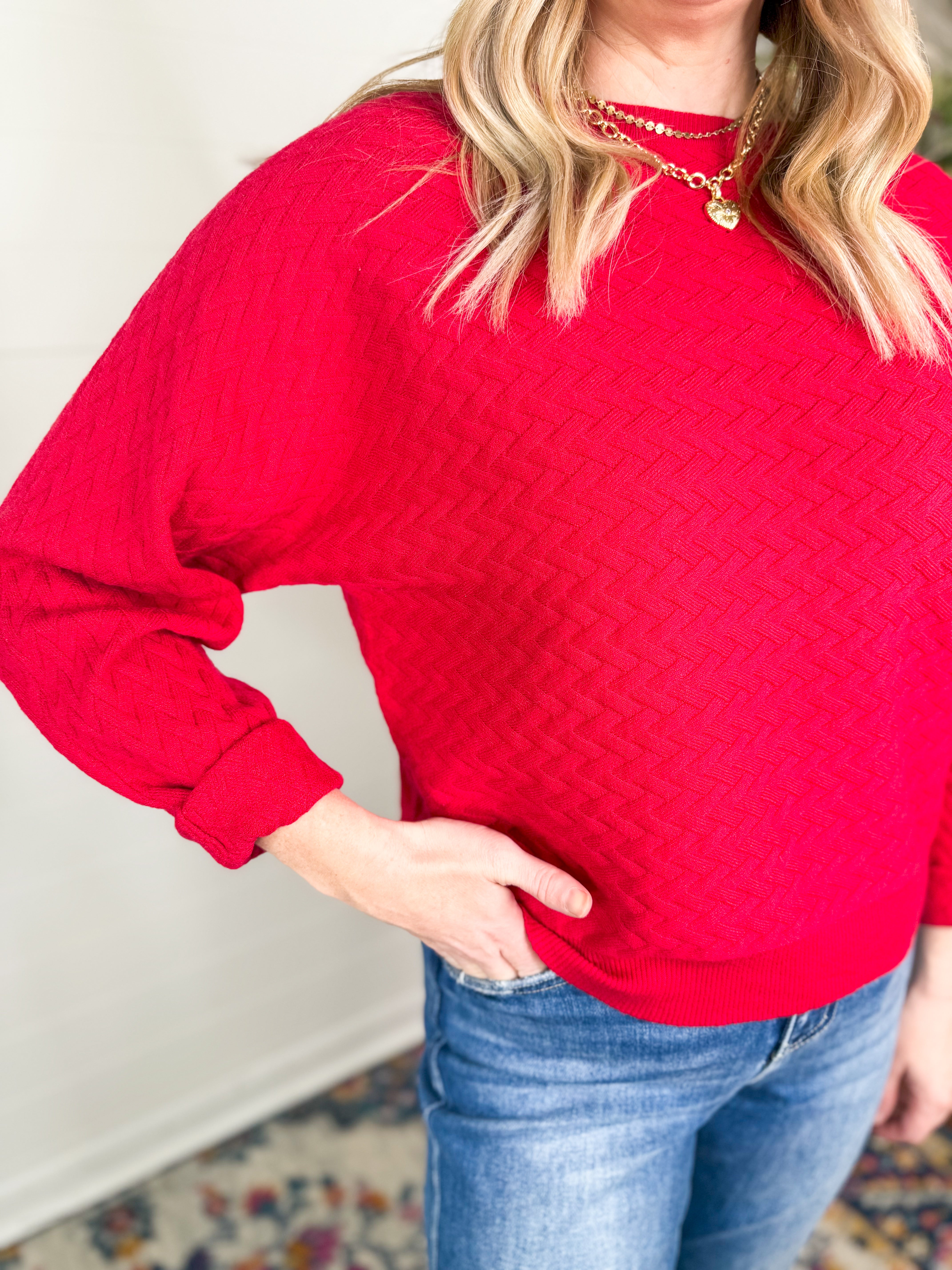 Playful Red Textured Dolman Sleeve Sweater