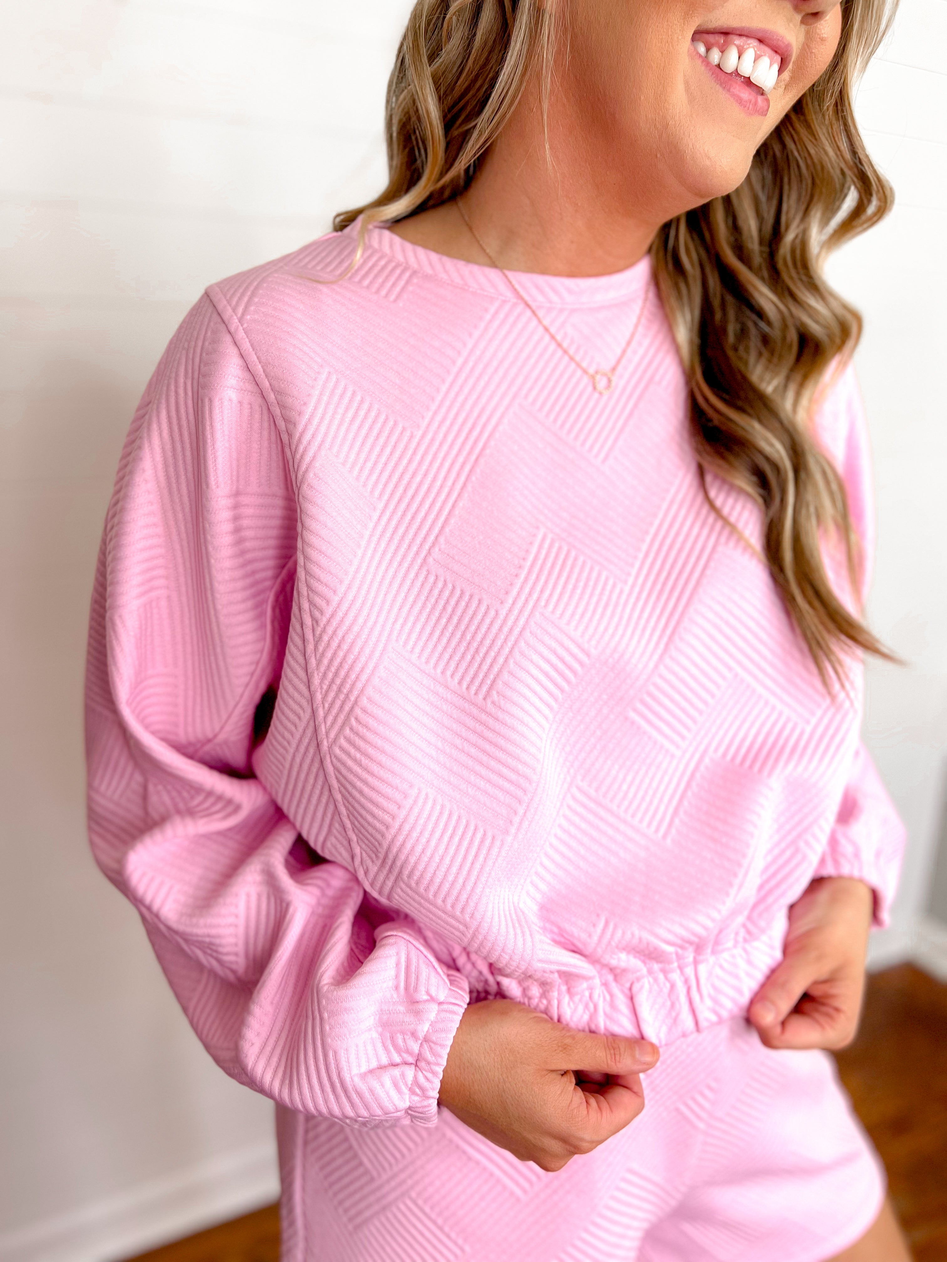 Pink Crew Neck Textured Knit Pullover