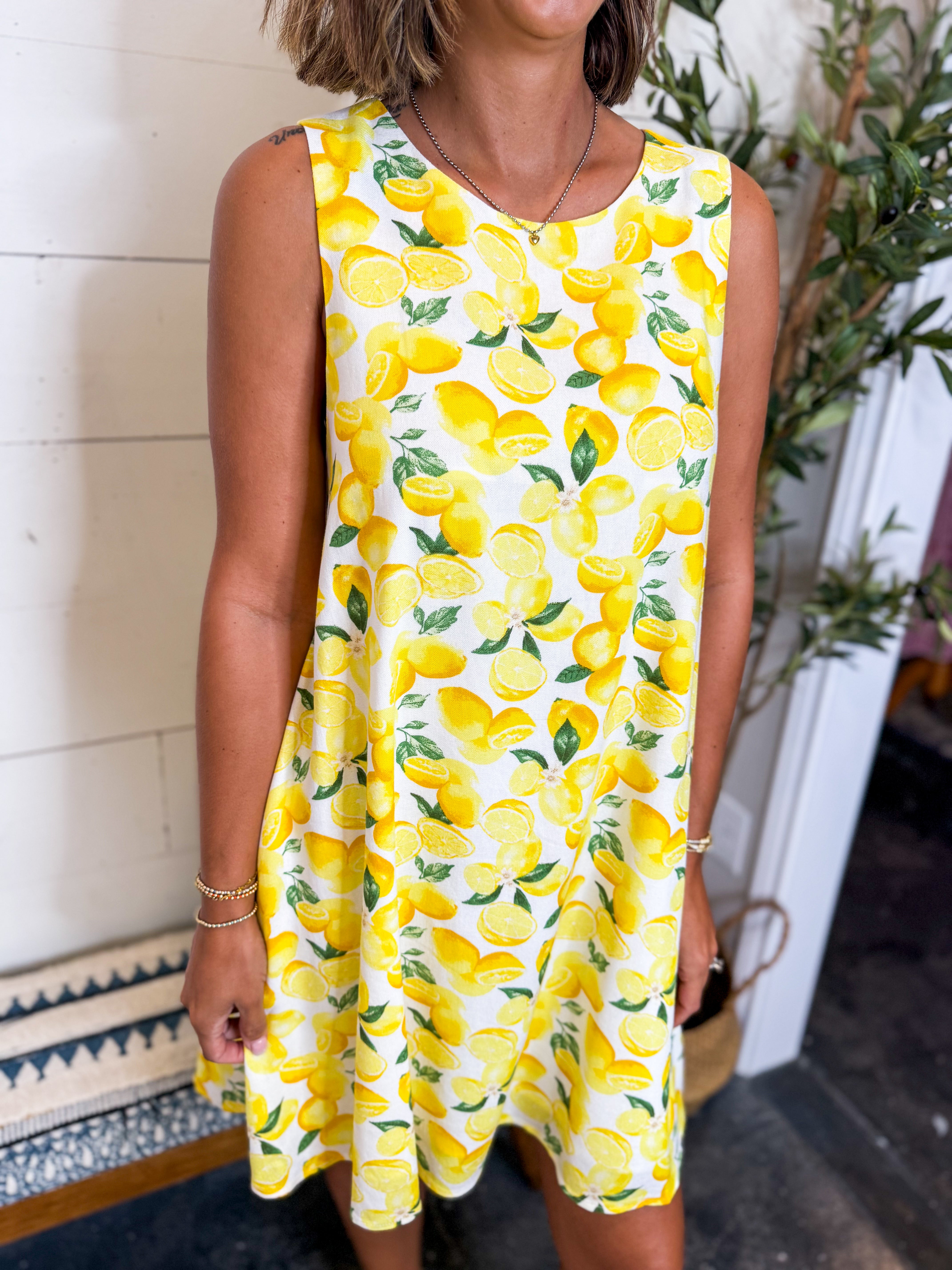 Lemon Print Open Back Swing Dress