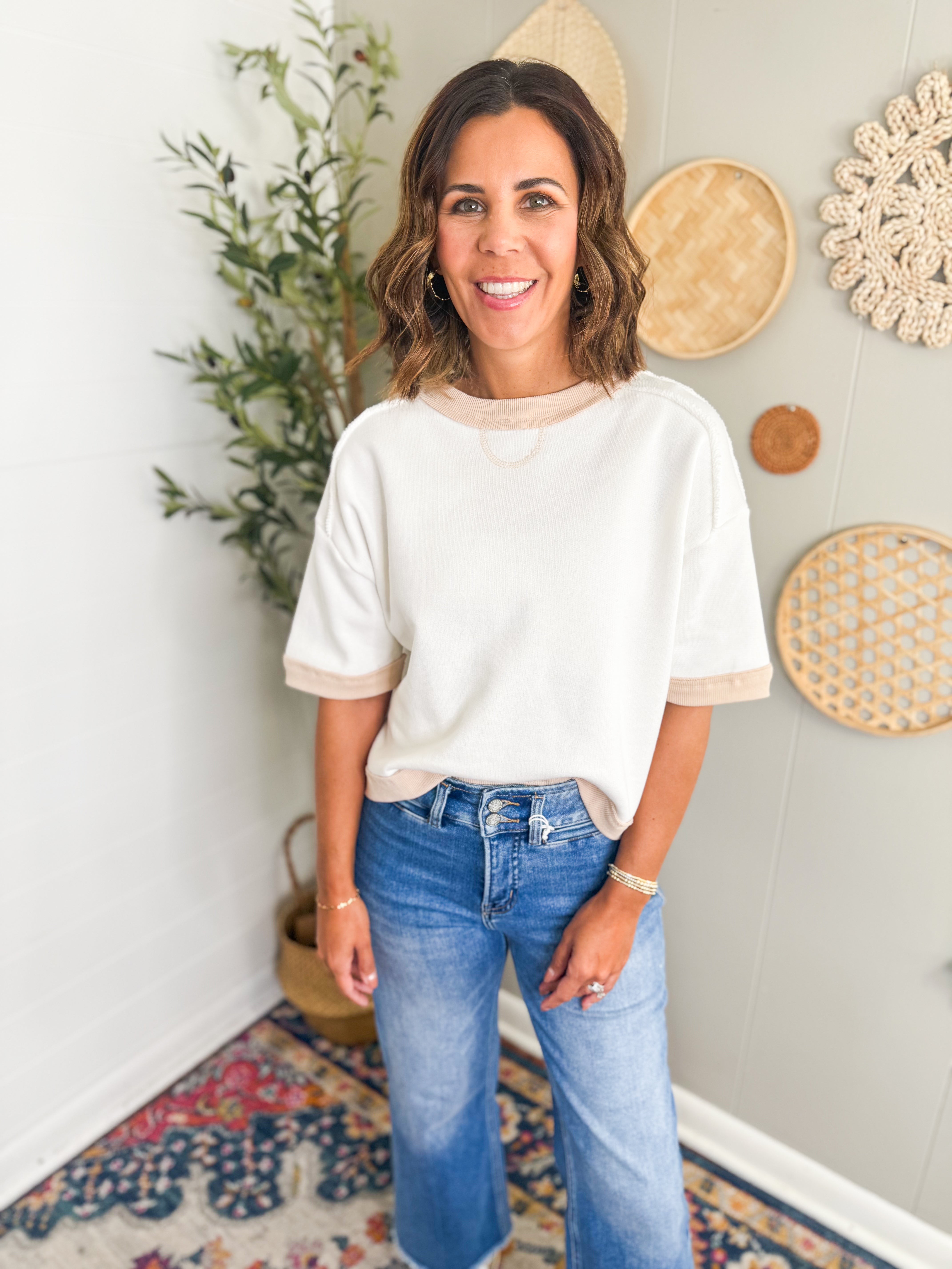 Striped Knit Contrast Trim Top