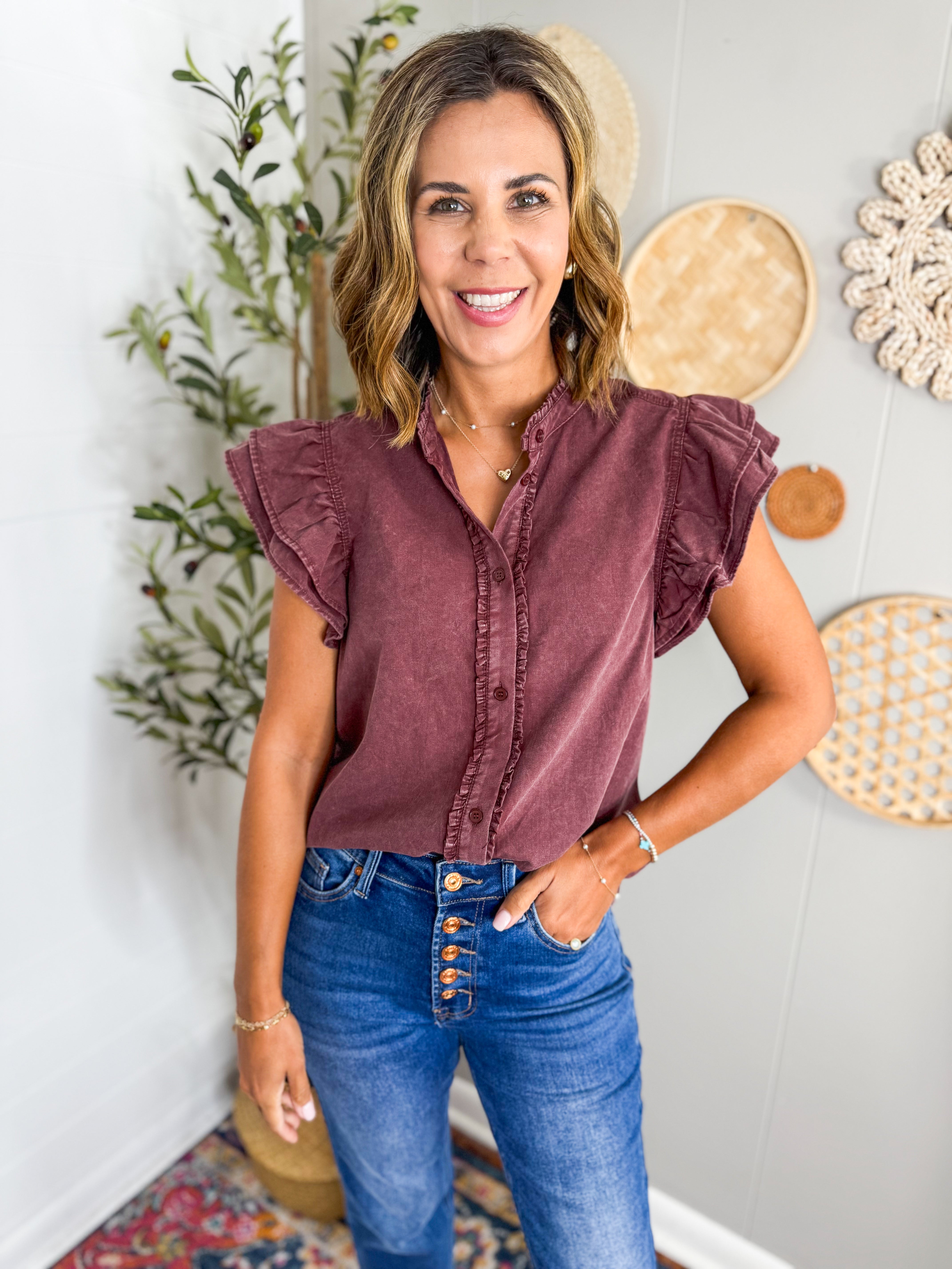 Washed Button Down Flutter Sleeve Blouse