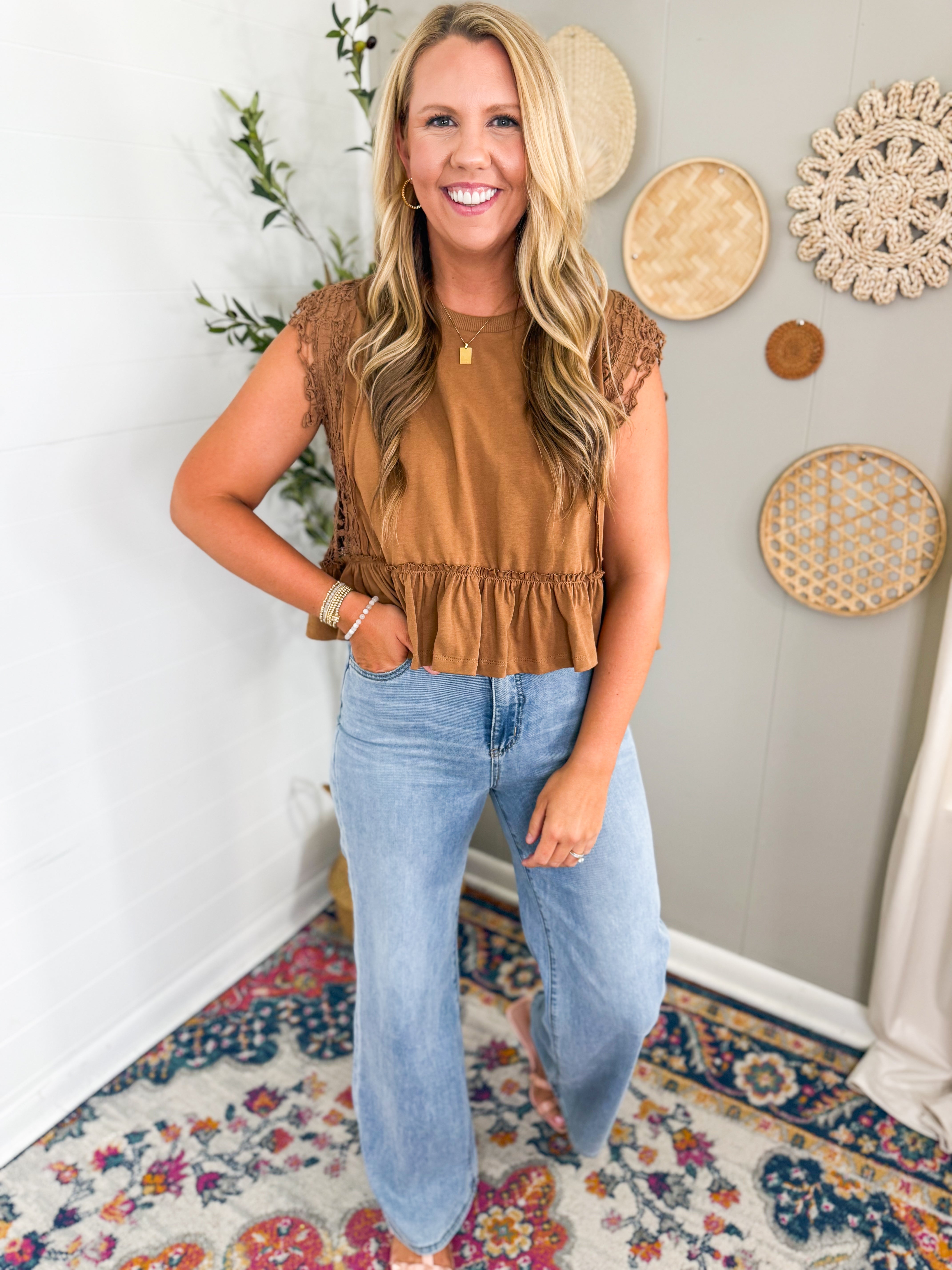 Cinnamon Side Lace Trim Ruffle Hem Top