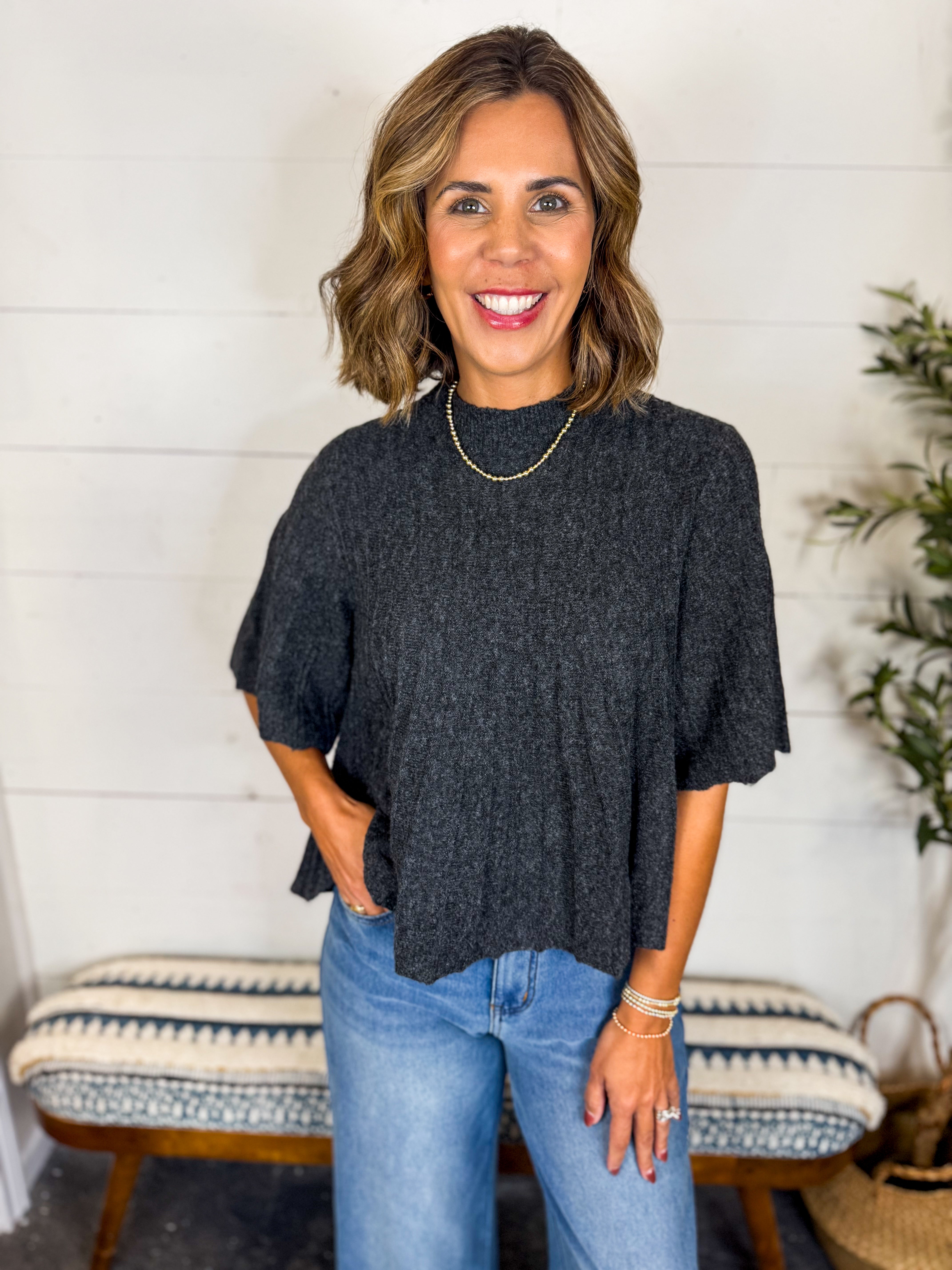 Mustard Seed Bell Sleeve Wide Rib Knit Sweater Top