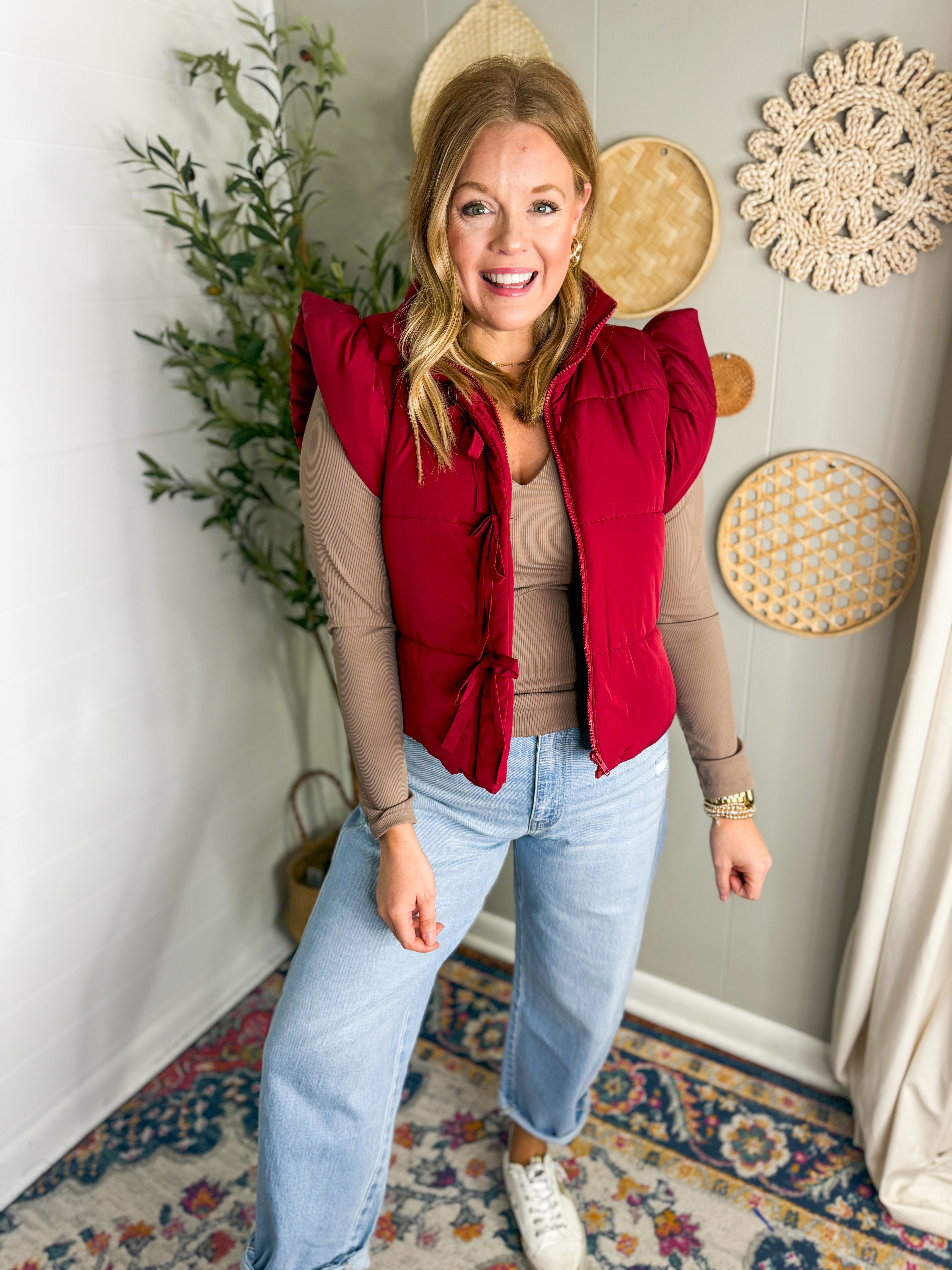 Flutter Sleeve Bow Detail Puffer Vest