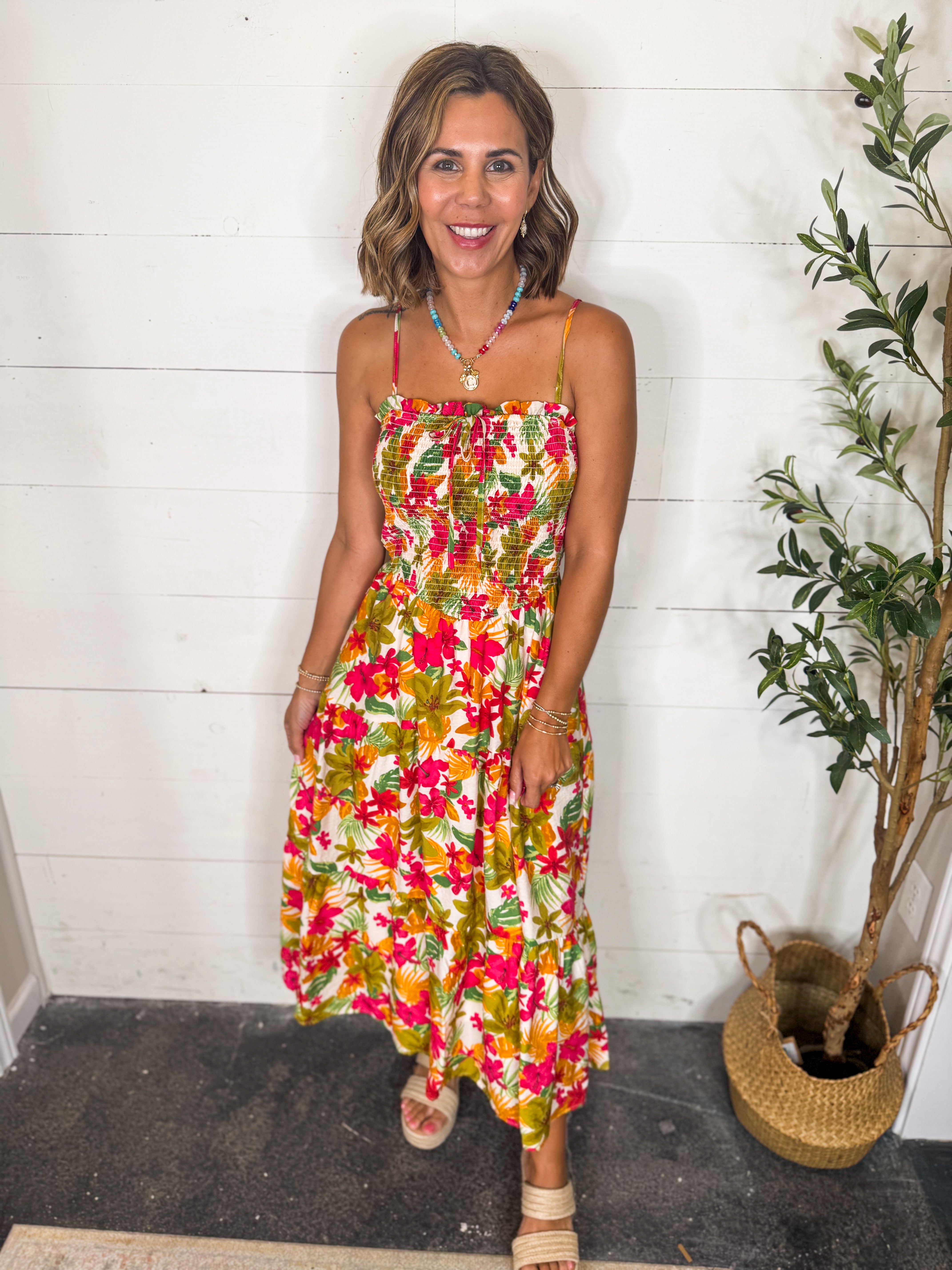 Tropical Smocked Midi Dress