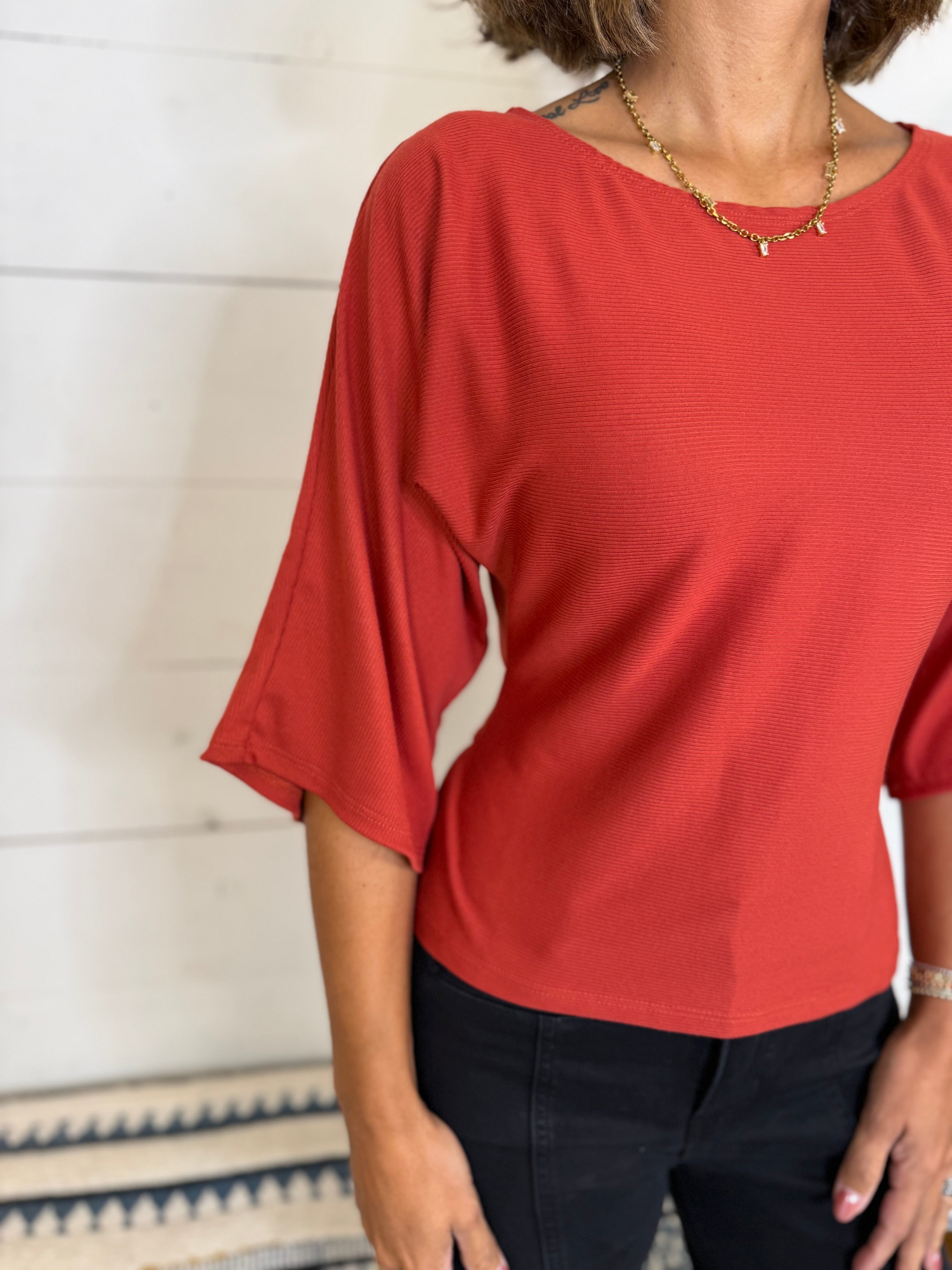 Boat Neck Long Sleeve Back Tie Detail Top - Rust