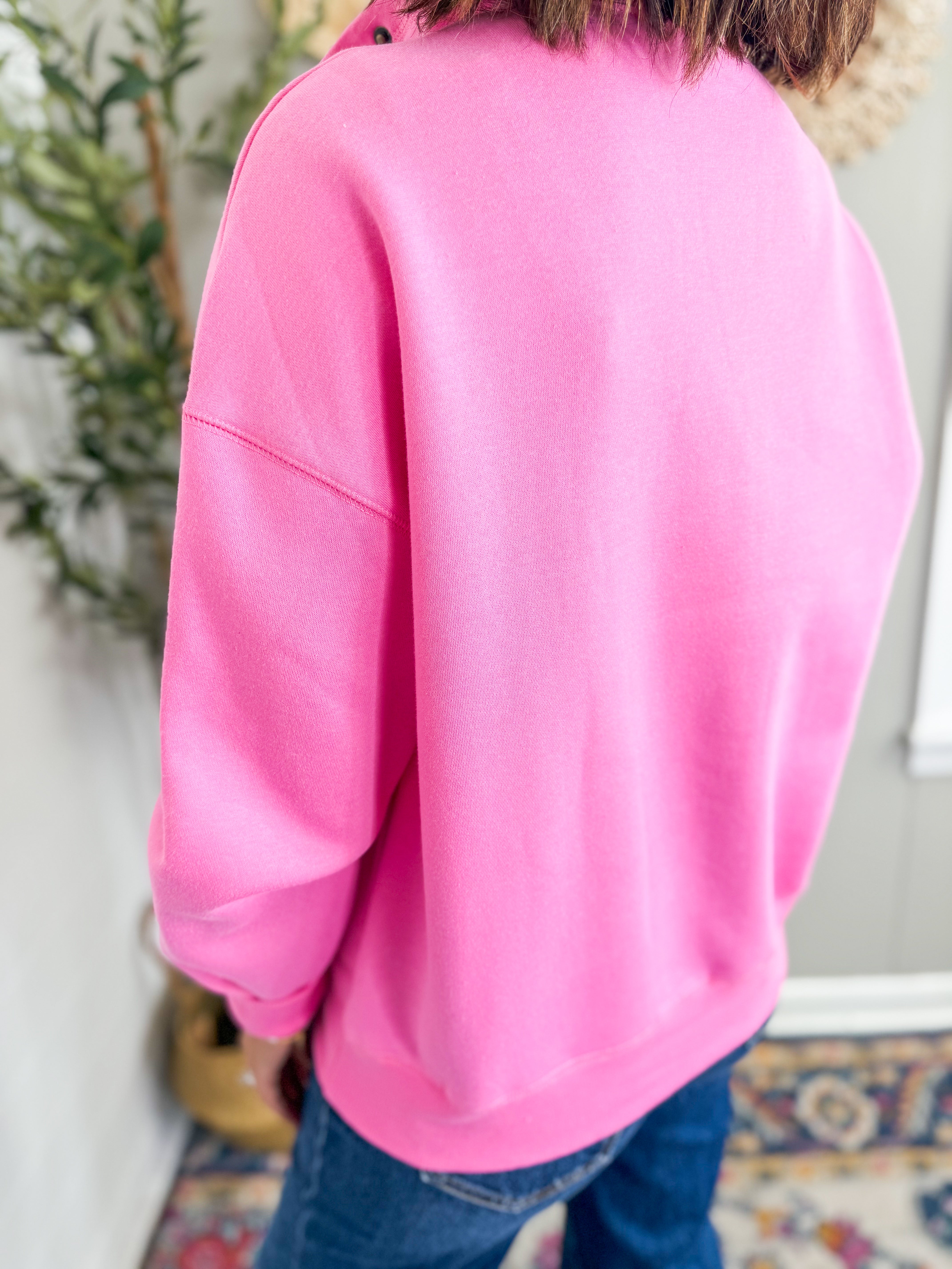 Solid Half Button Stand Neck Drop Shoulder Sweatshirt