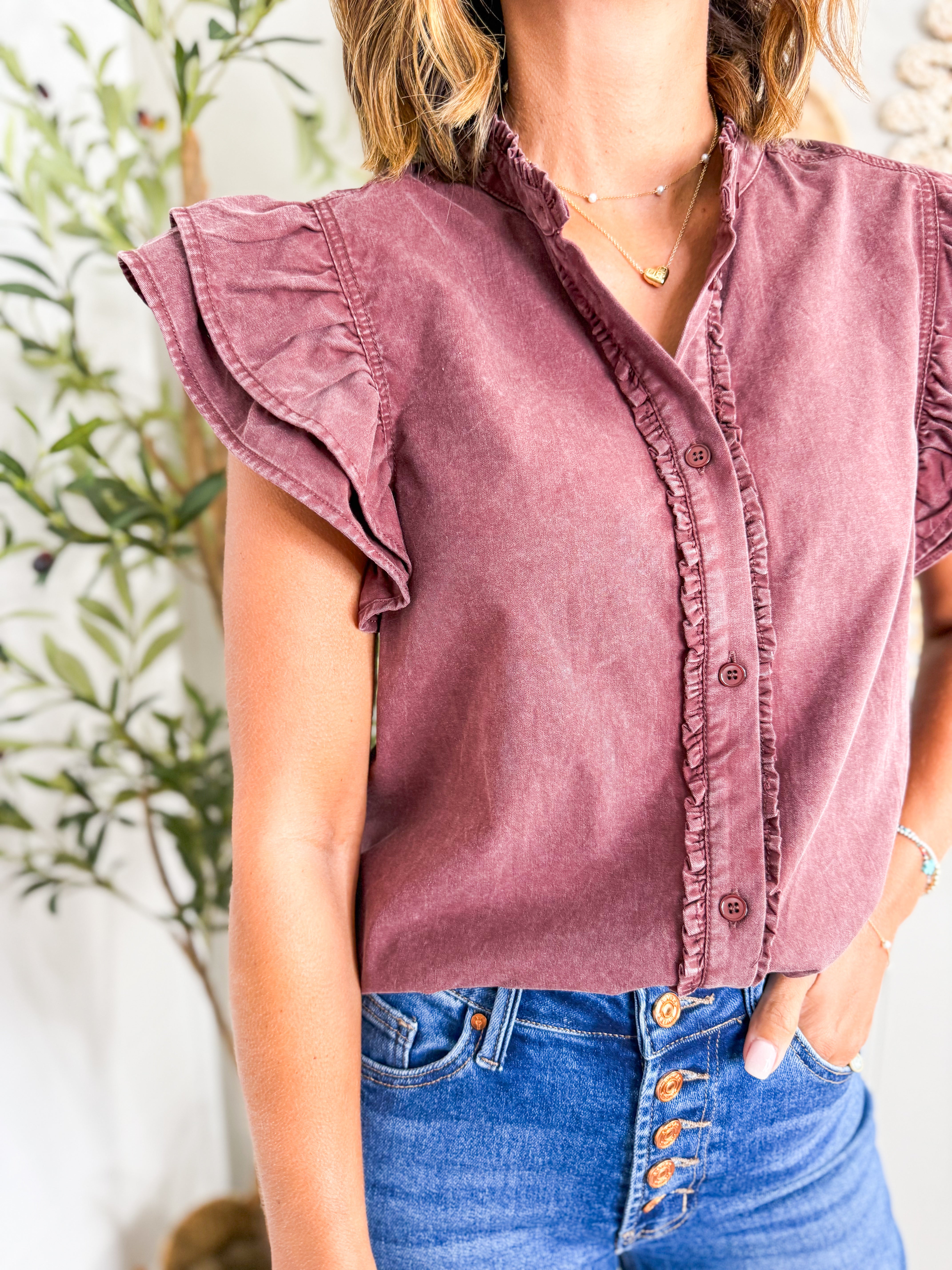 Washed Button Down Flutter Sleeve Blouse