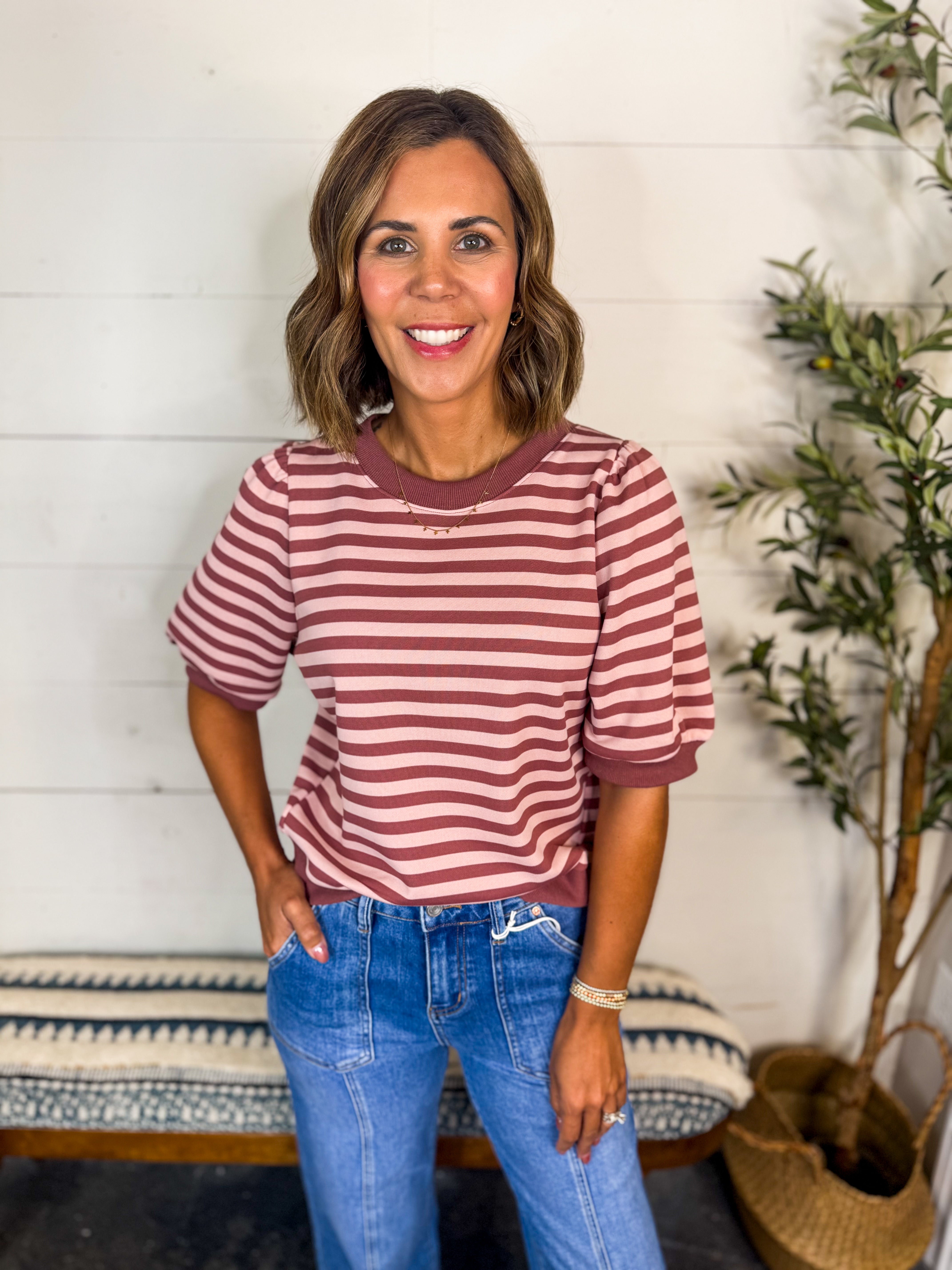 Striped Puffy Sleeve Round Neck Top