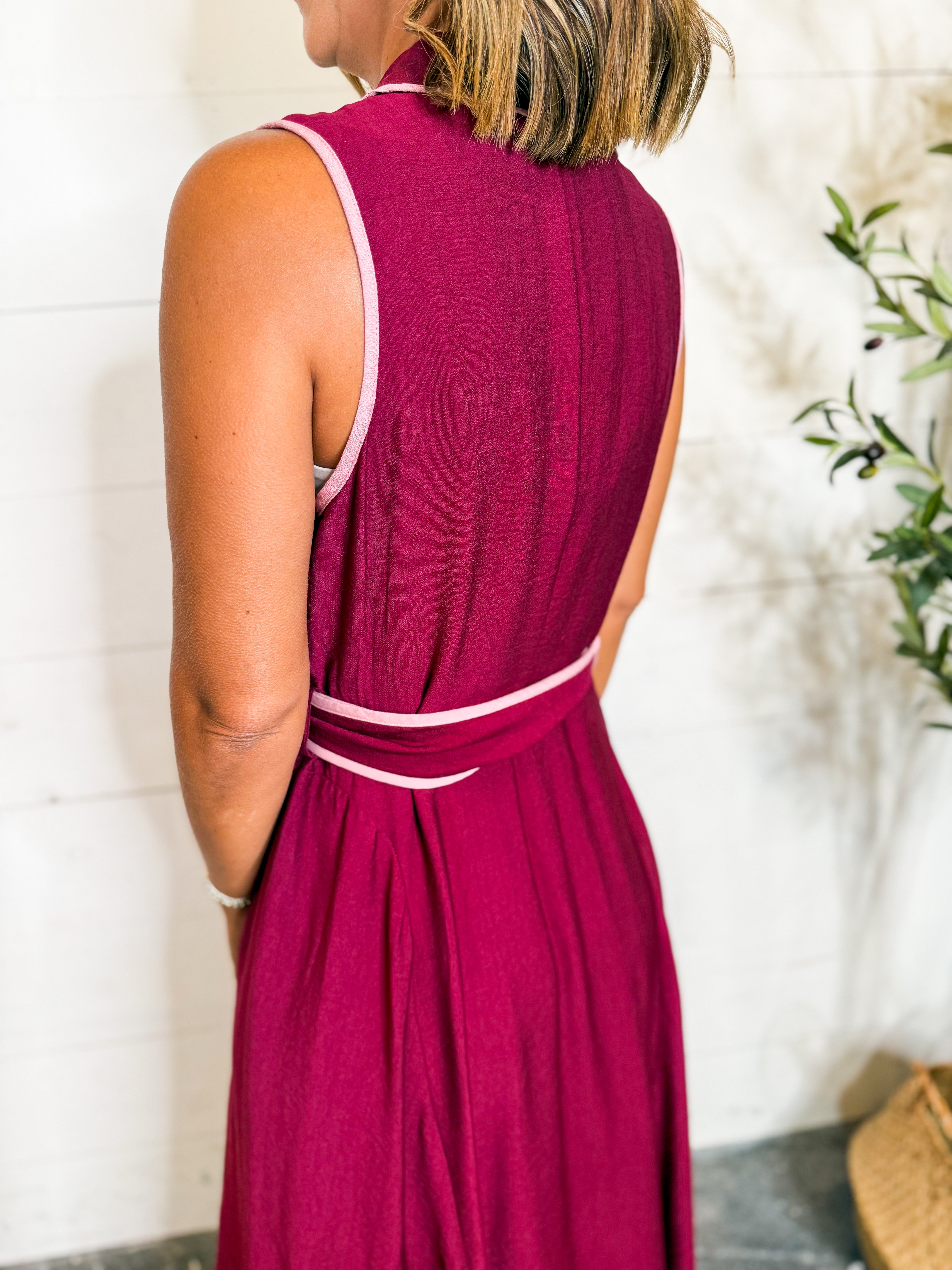 Burgundy Sleeveless Midi With Piping Detail