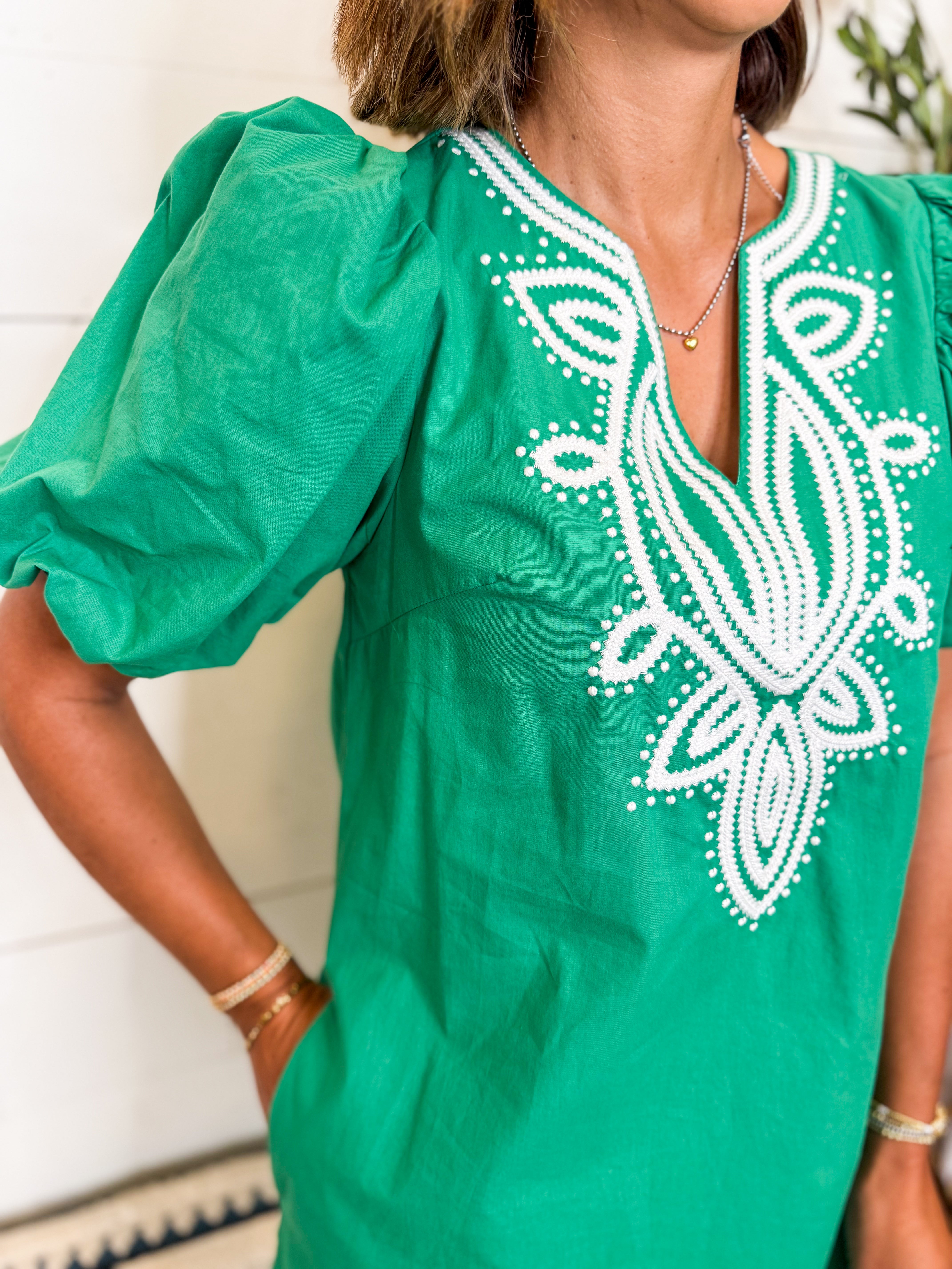 Green Embroidered Detail Mini Dress