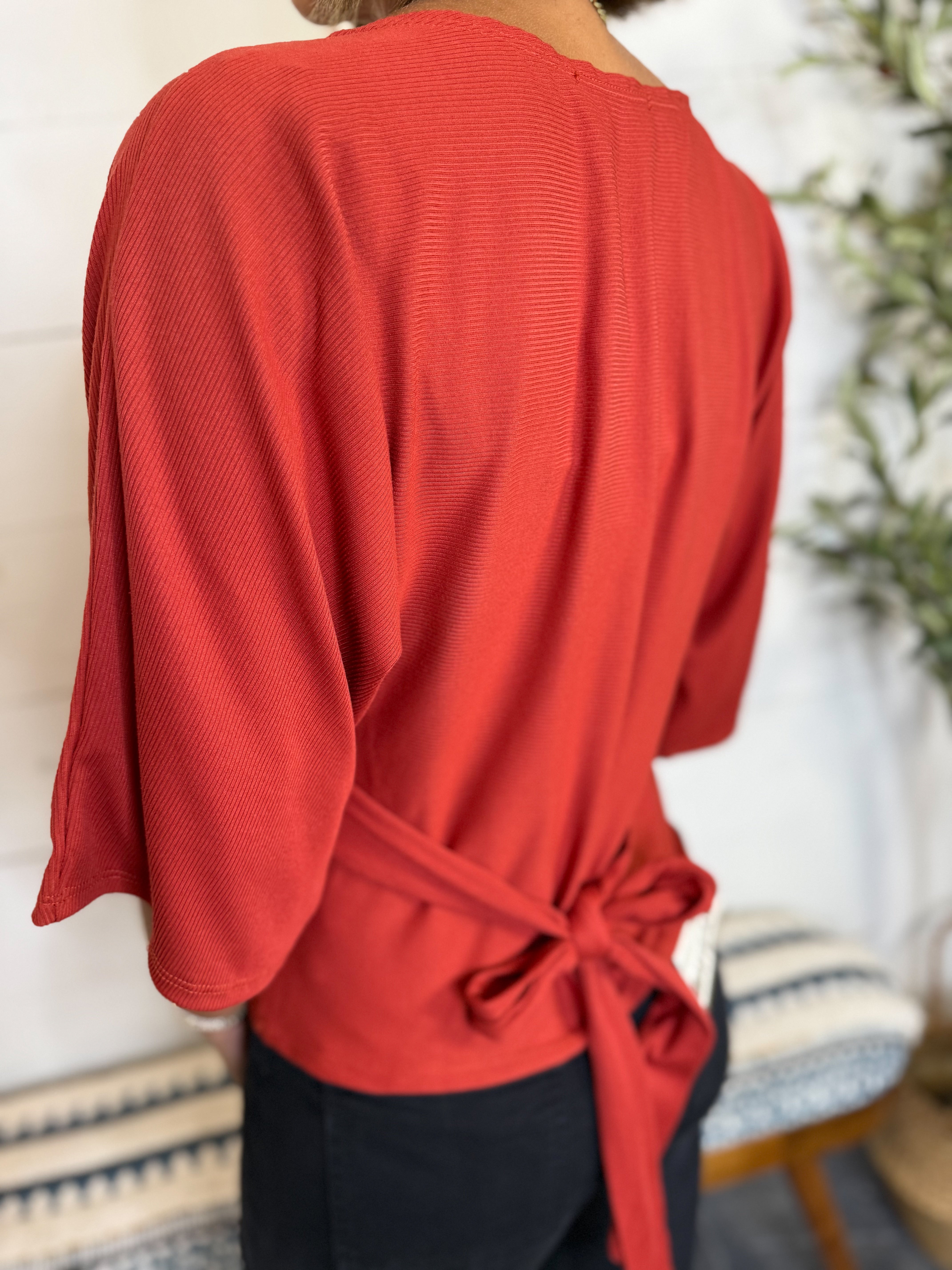 Boat Neck Long Sleeve Back Tie Detail Top - Rust