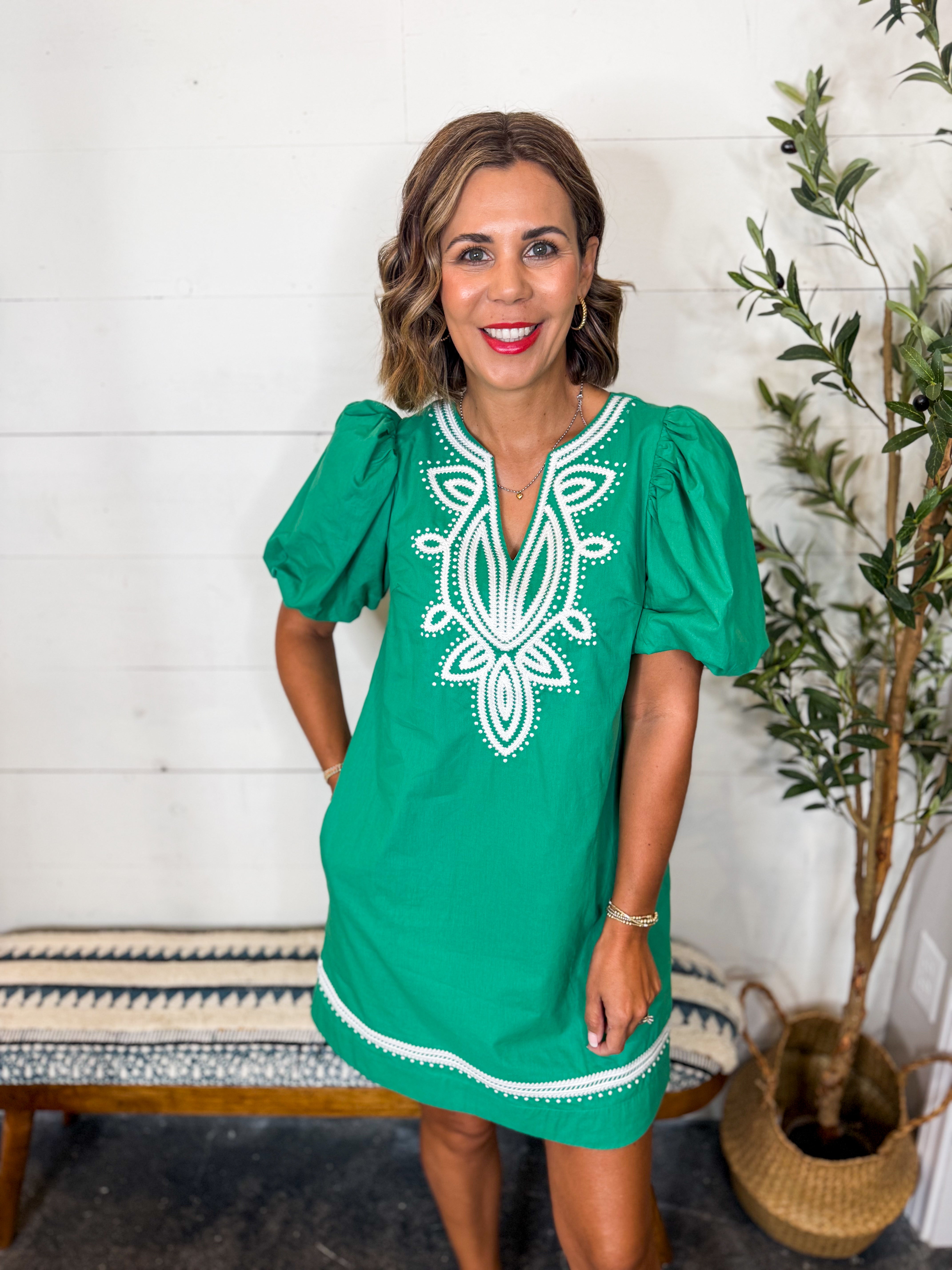 Green Embroidered Detail Mini Dress