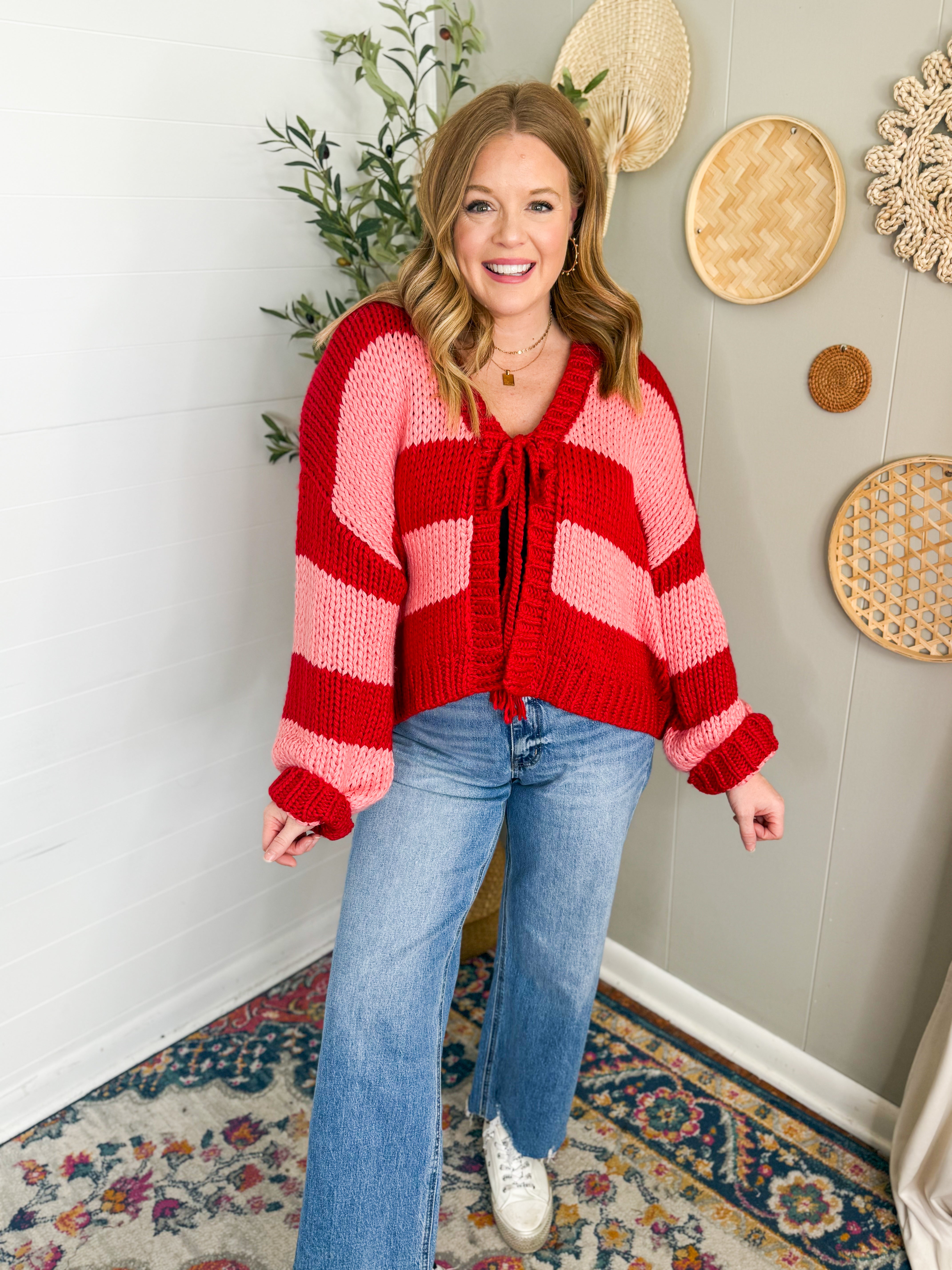 Pink & Red Striped Tie Sweater