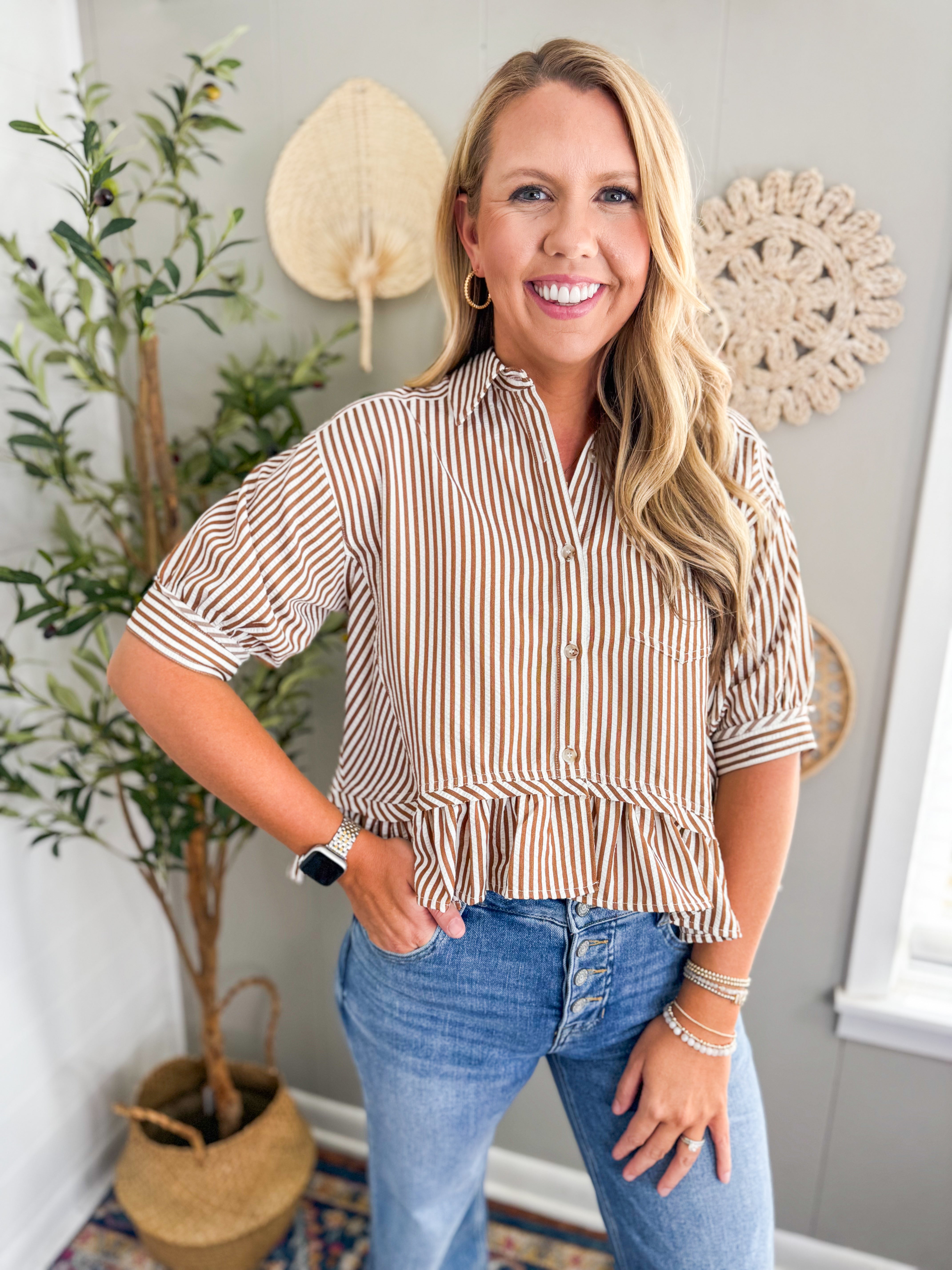 Striped Button Front Peplum Top