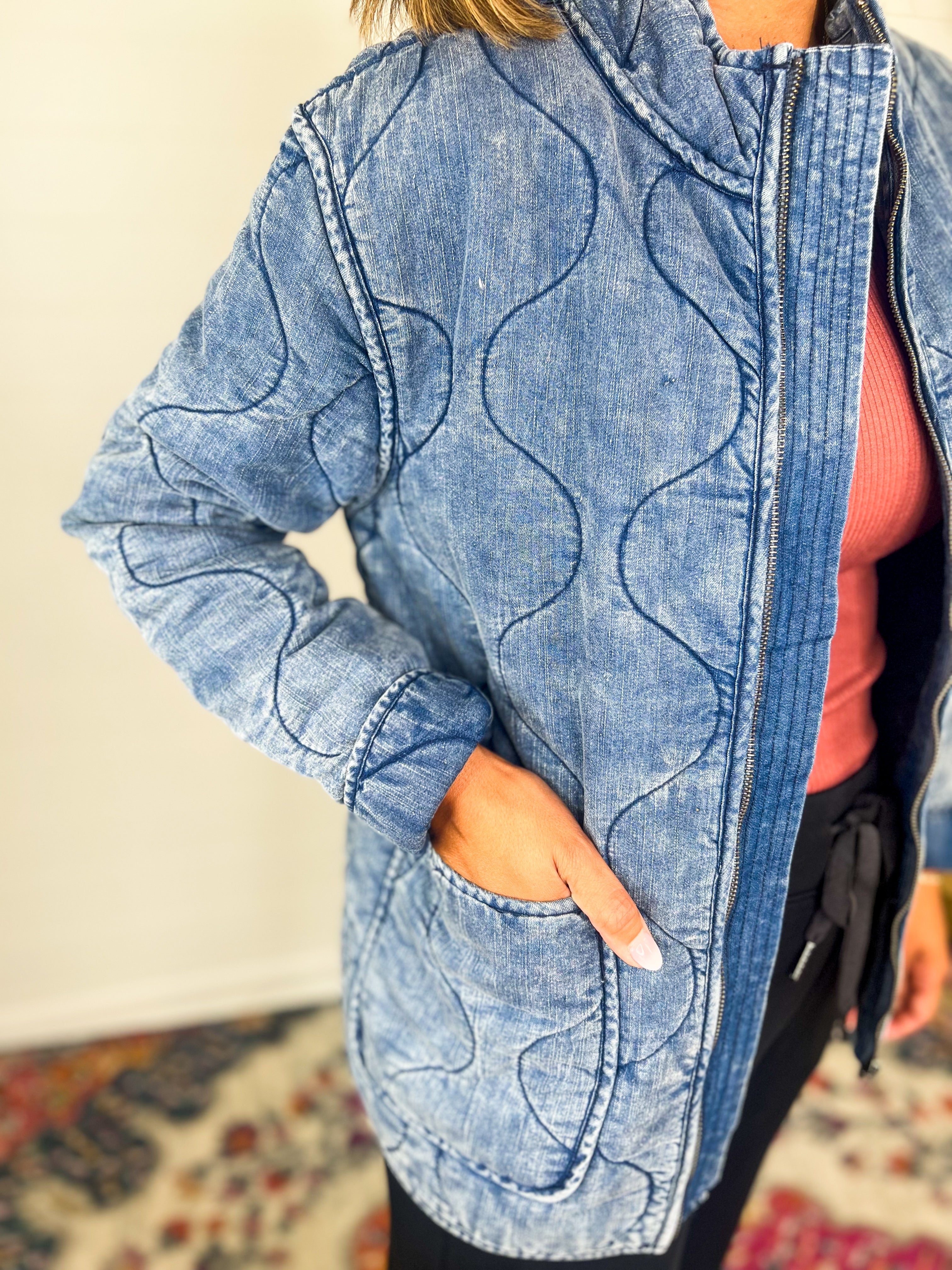 Washed Quilted Long Sleeve Denim Jacket