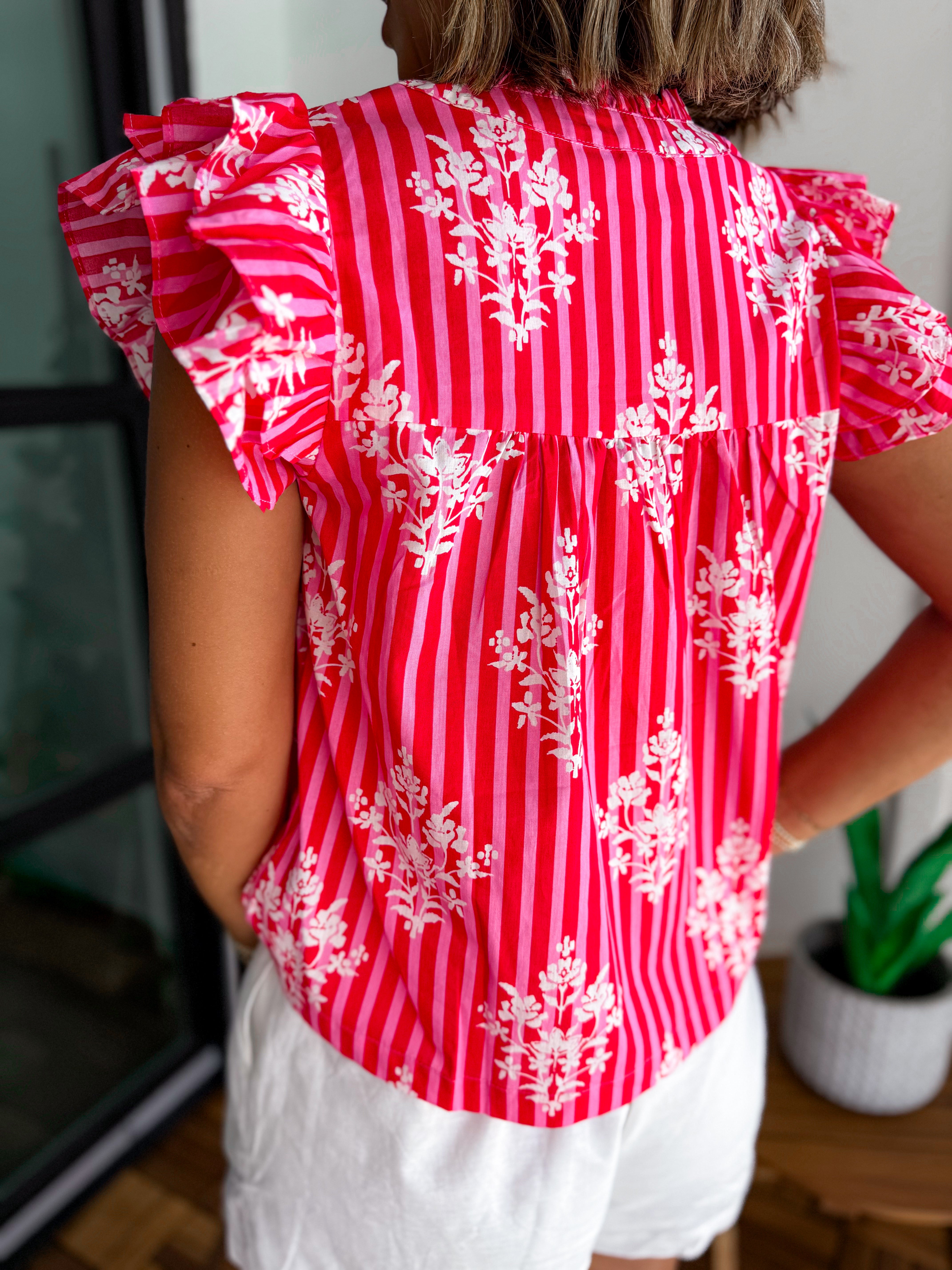 Stripe And Floral Ruffled Sleeve Blouse Top