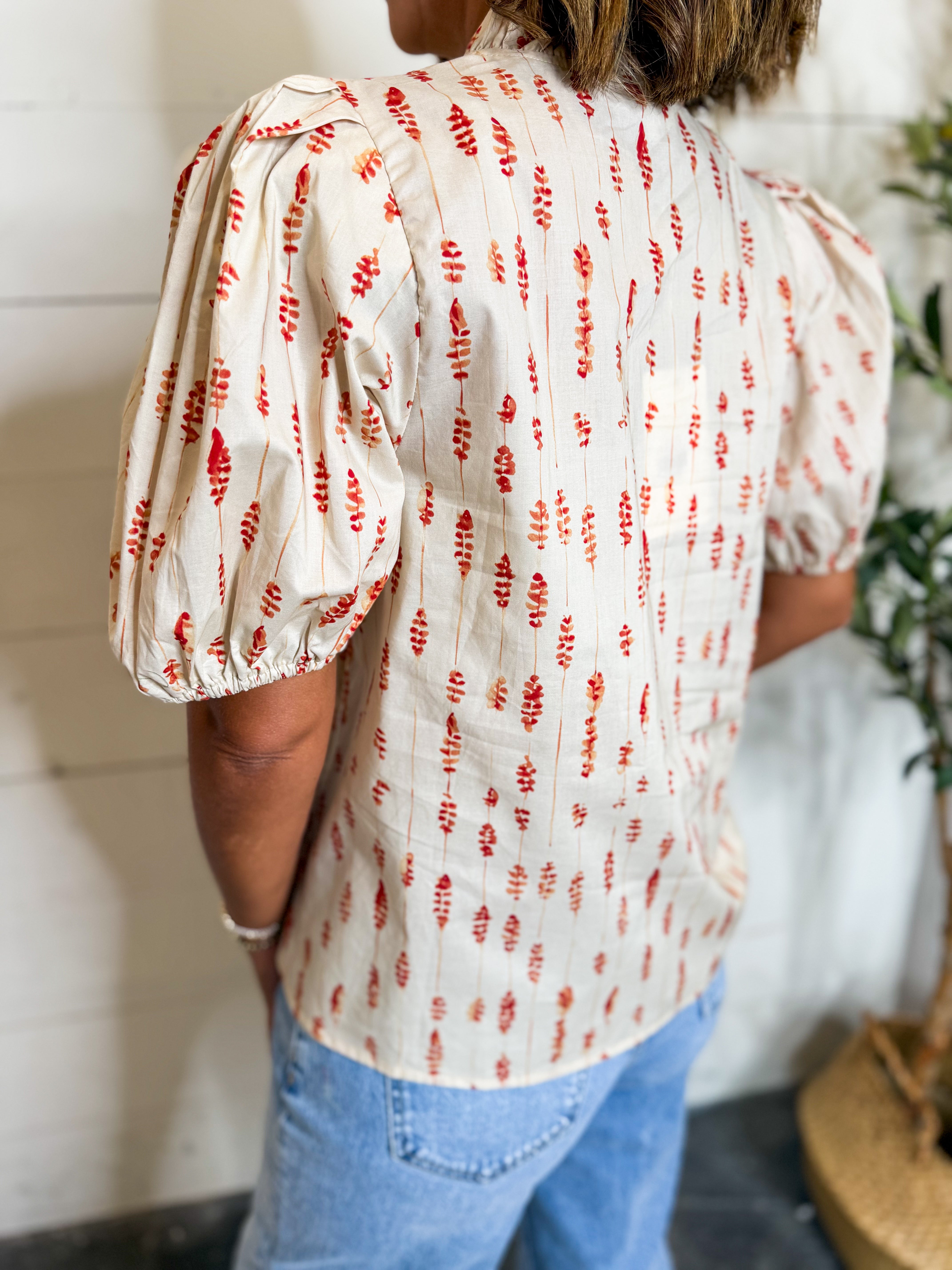 Ecru Printed Blouse With Ruffle Detail