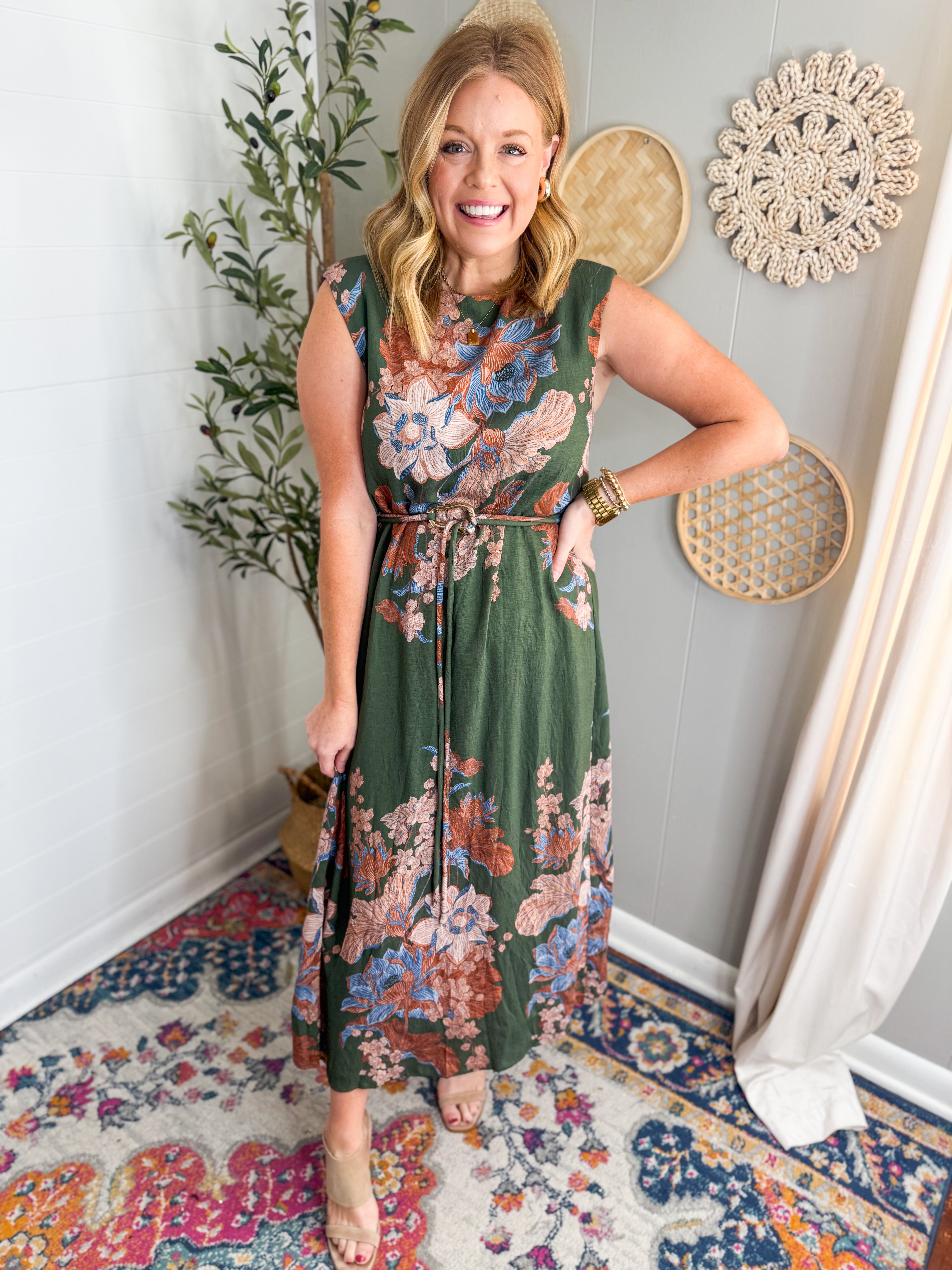 Olive Floral Print Sleeveless Midi