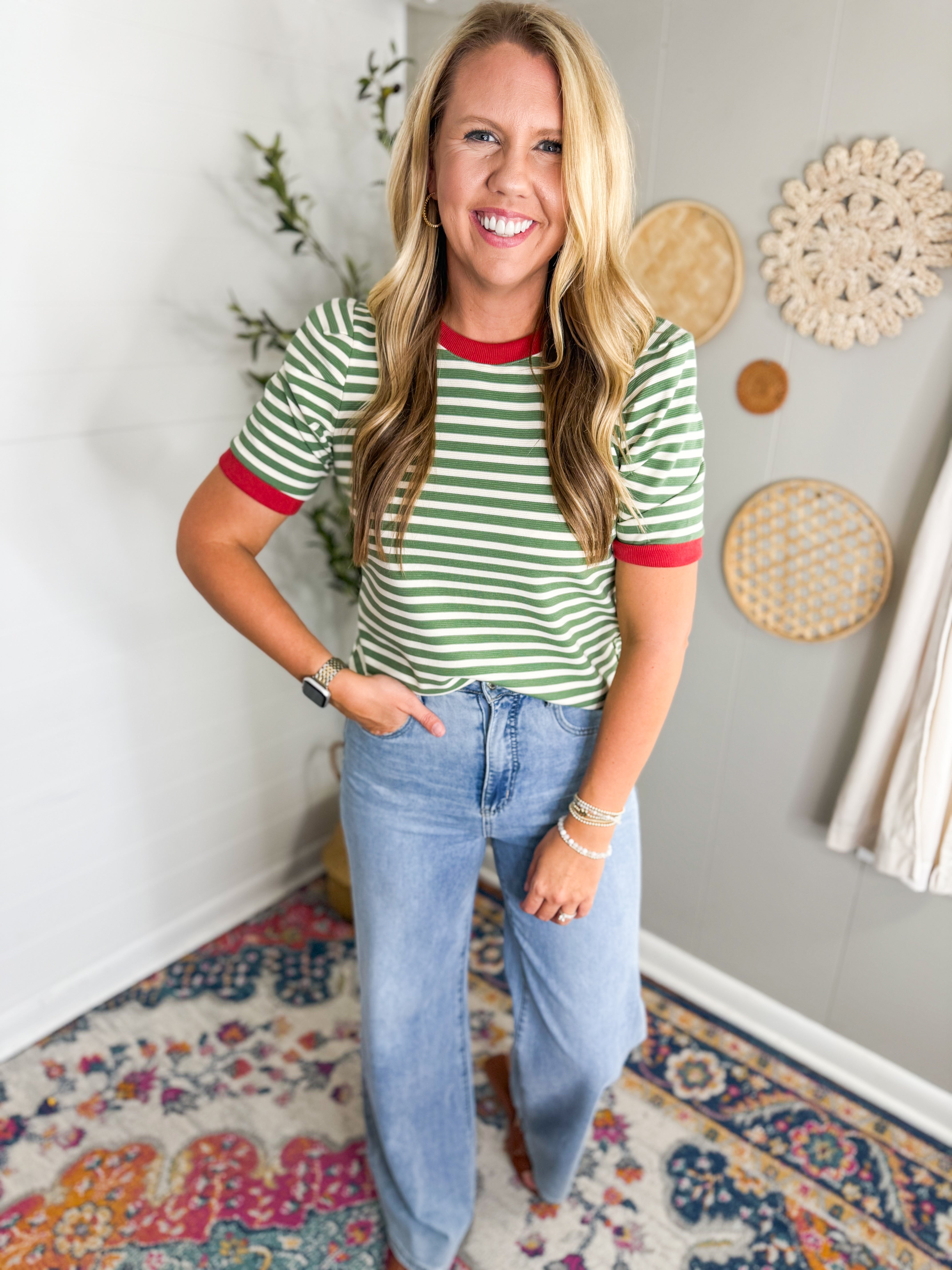 Olive Stripe Short Sleeve Top