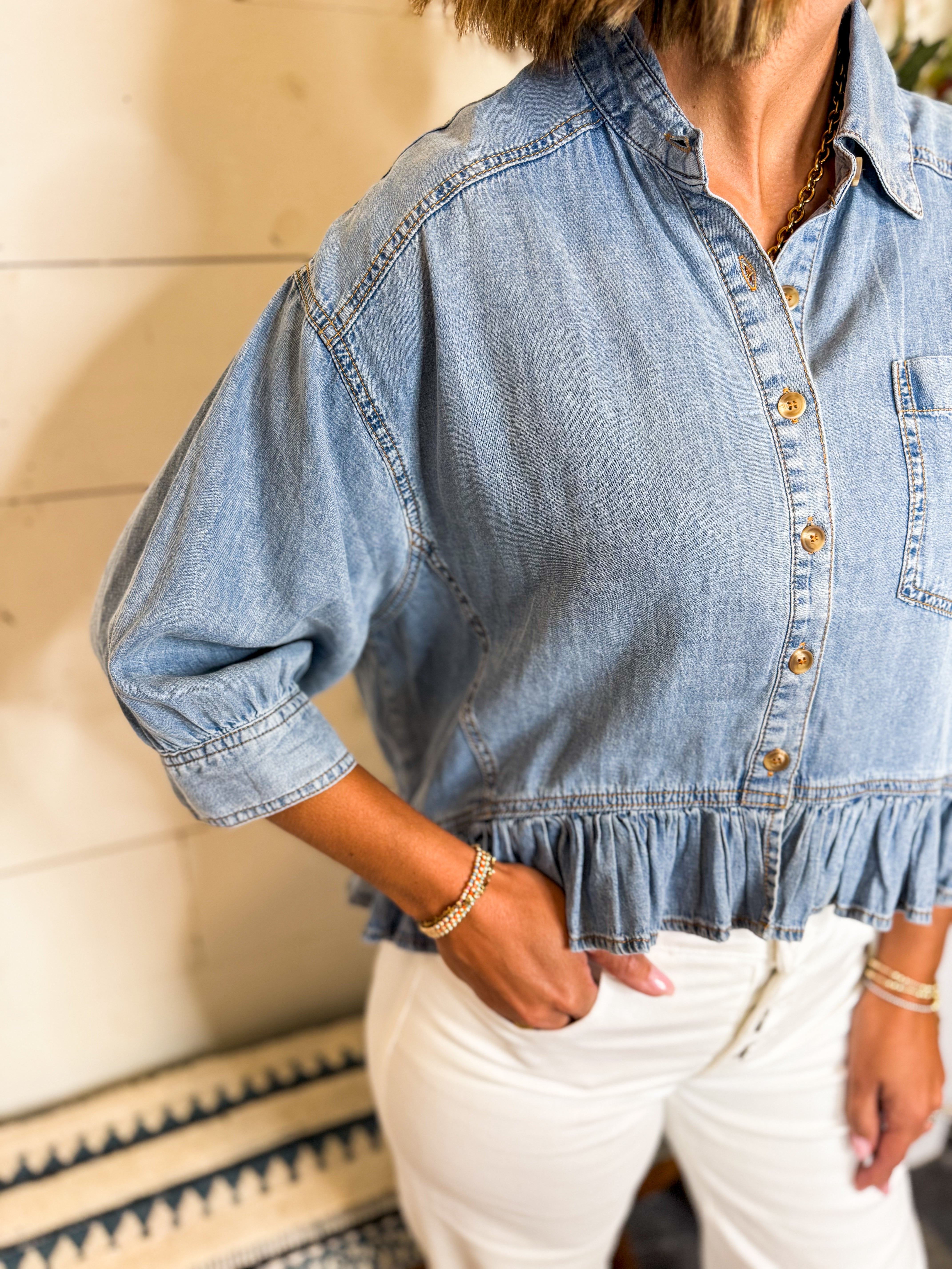 Ruffled Hem Button Down Denim Top