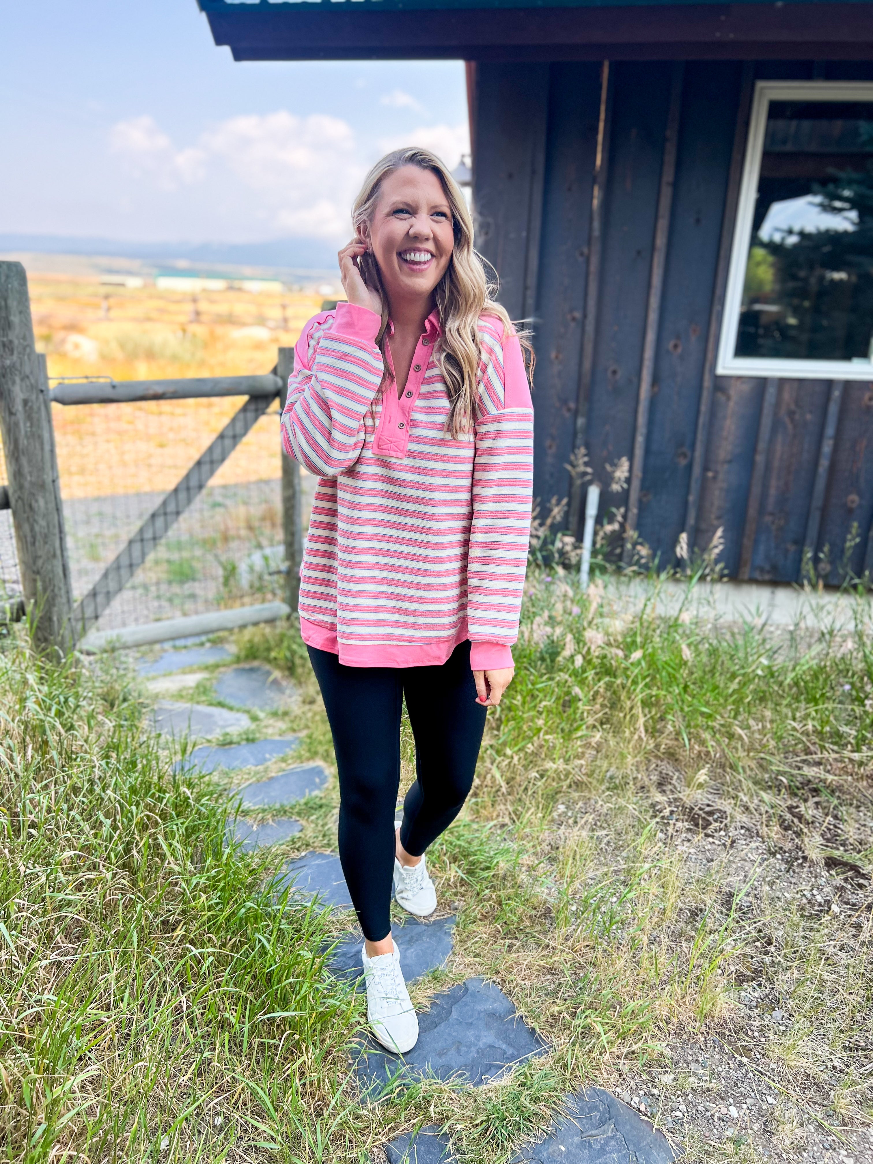 Pink Striped French Terry Collared Pullover