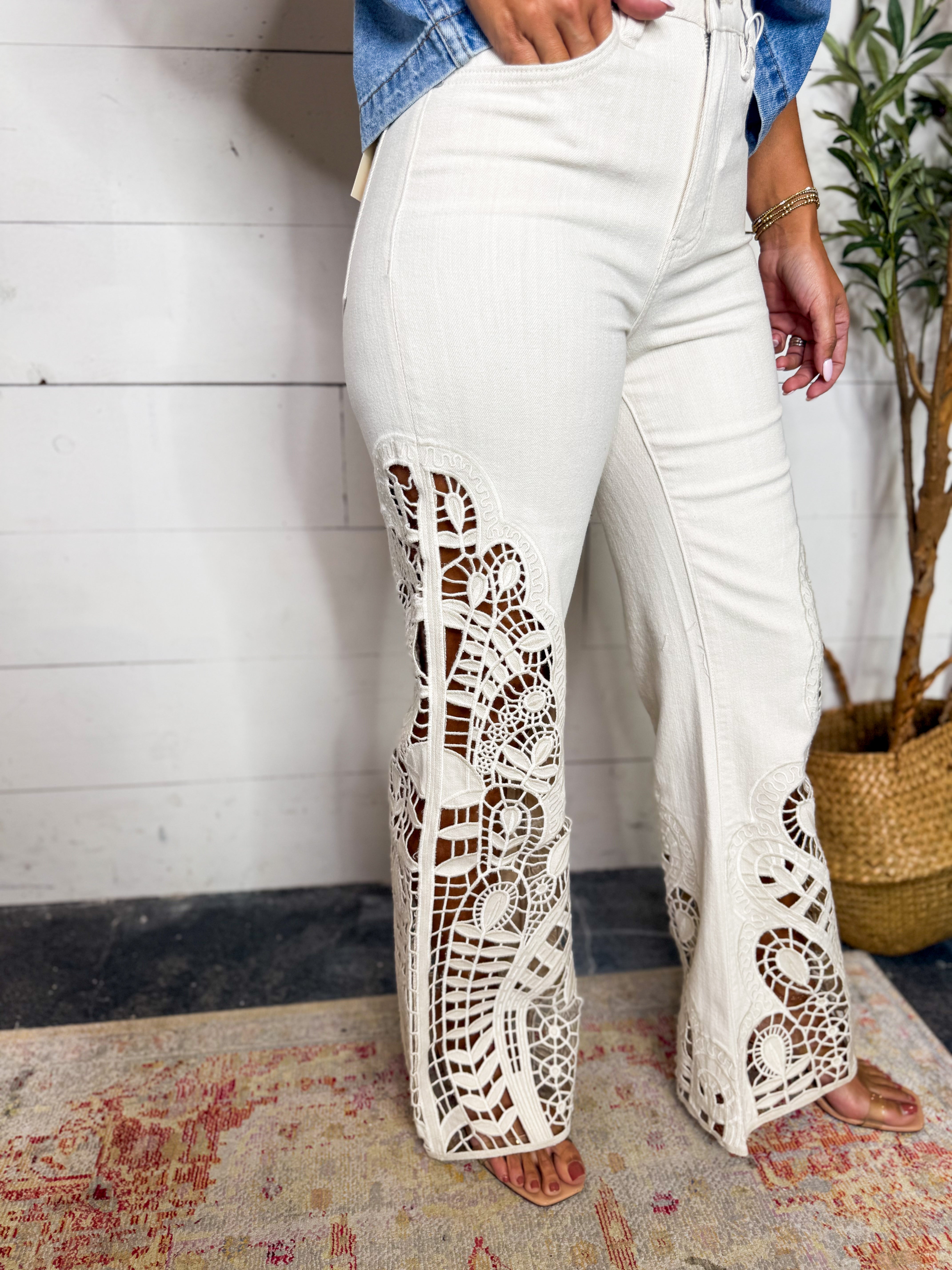 Bayeas Beige High Rise Lace Wide Leg Jean
