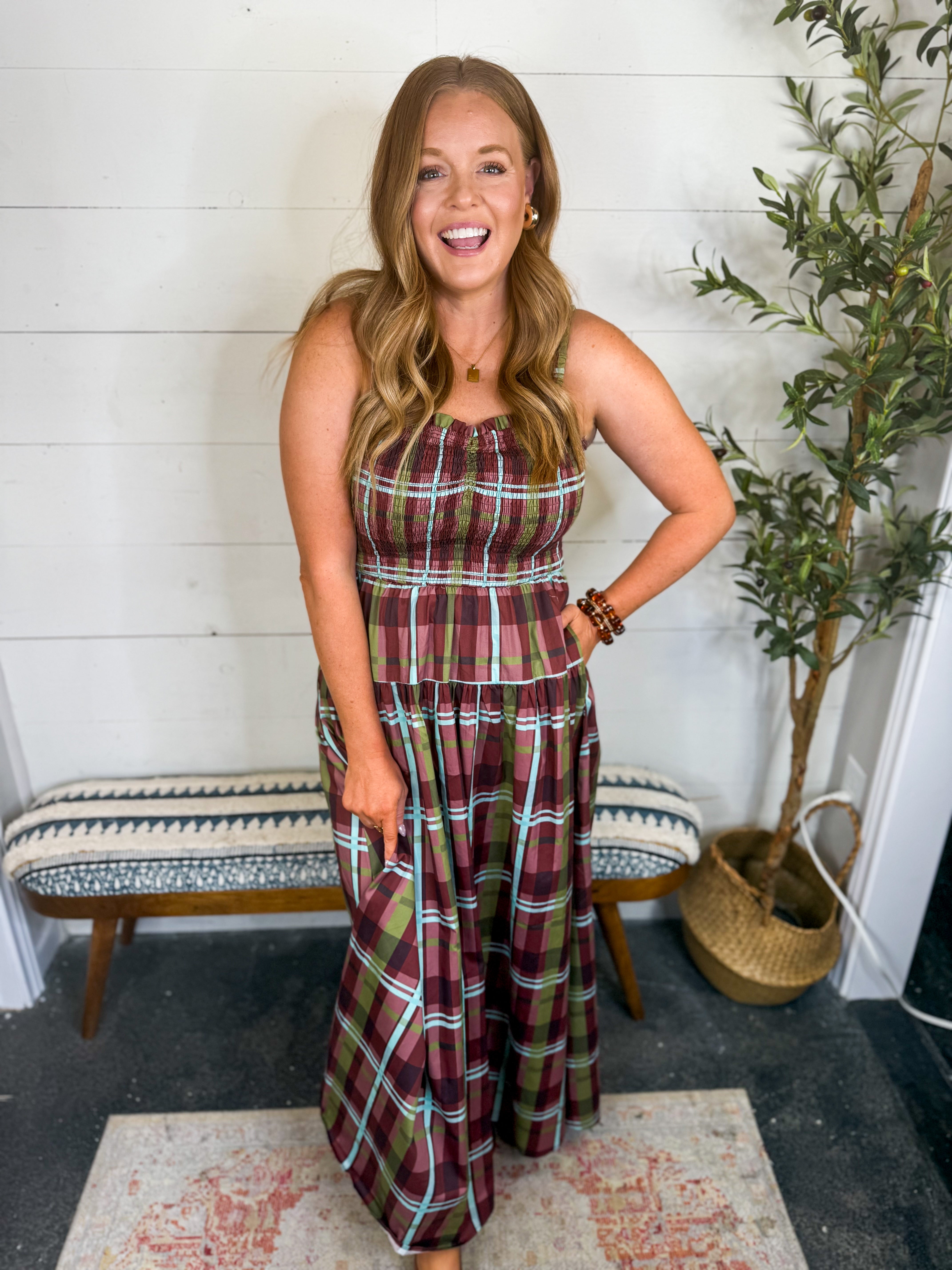 Pretty Follies Burgundy Plaid Sleeveless Maxi Dress