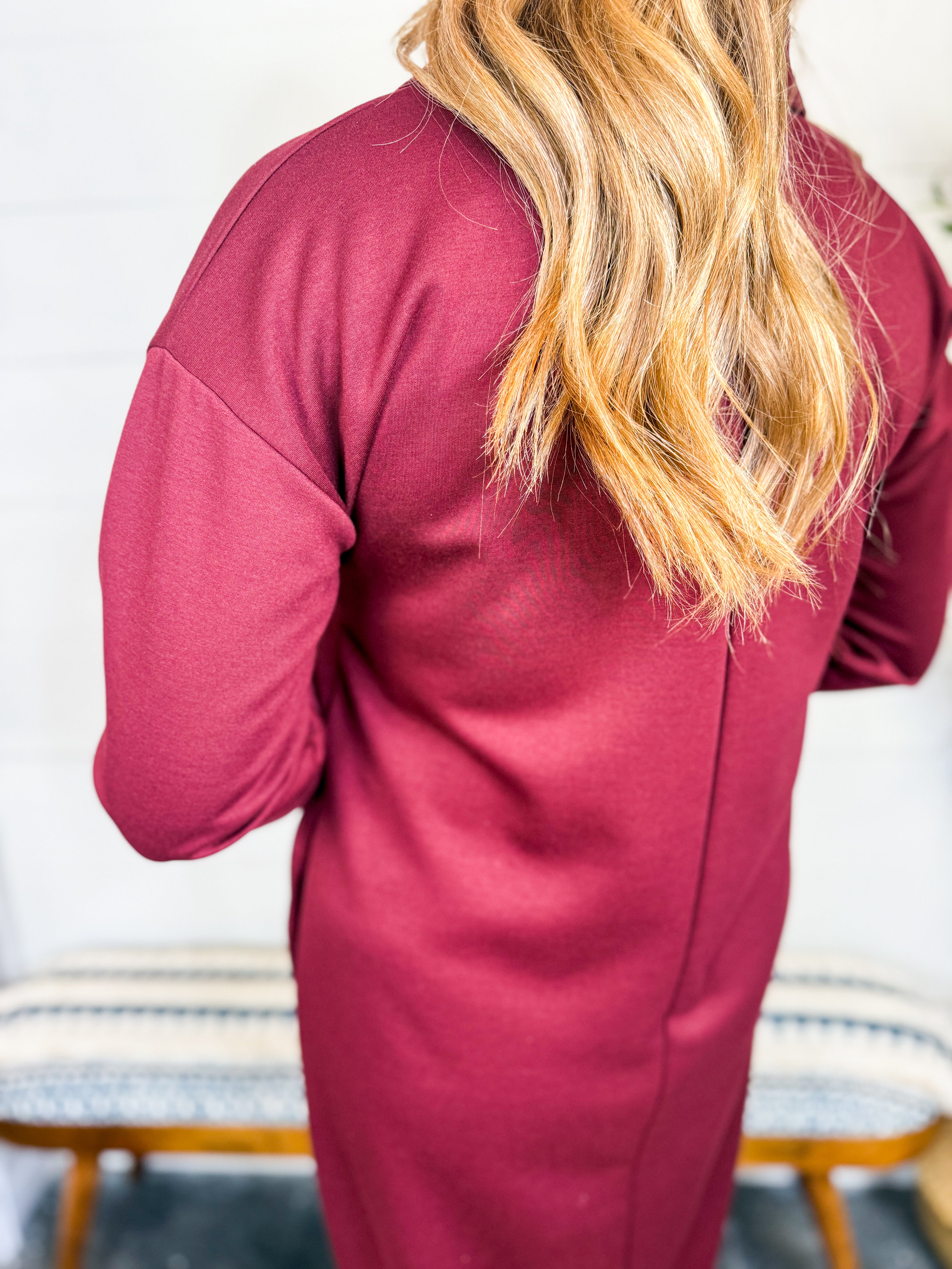 Long Sleeve Split Neck Line Collared Midi Dress