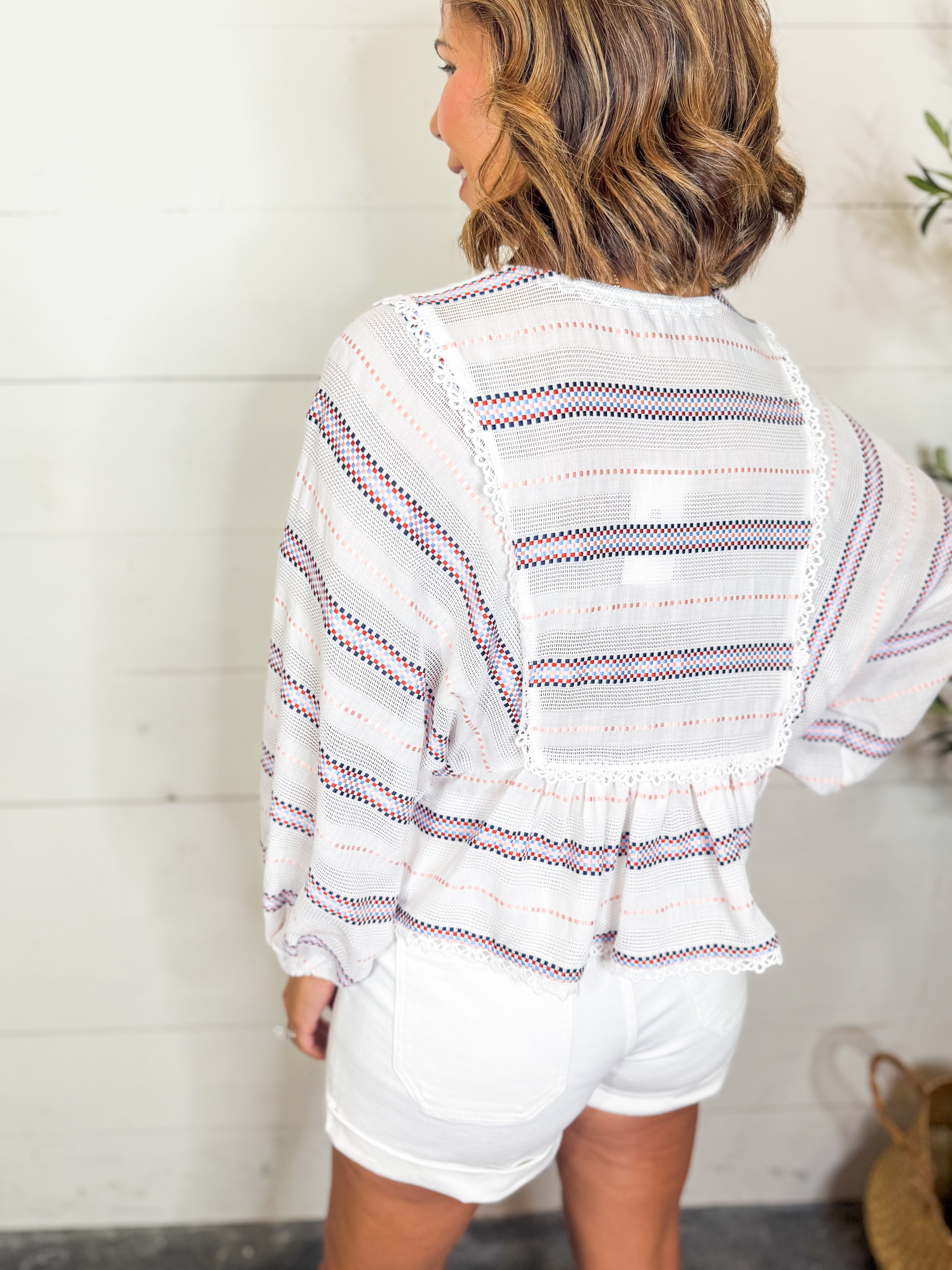 Blue White Red Mix Long Sleeve Peplum Top