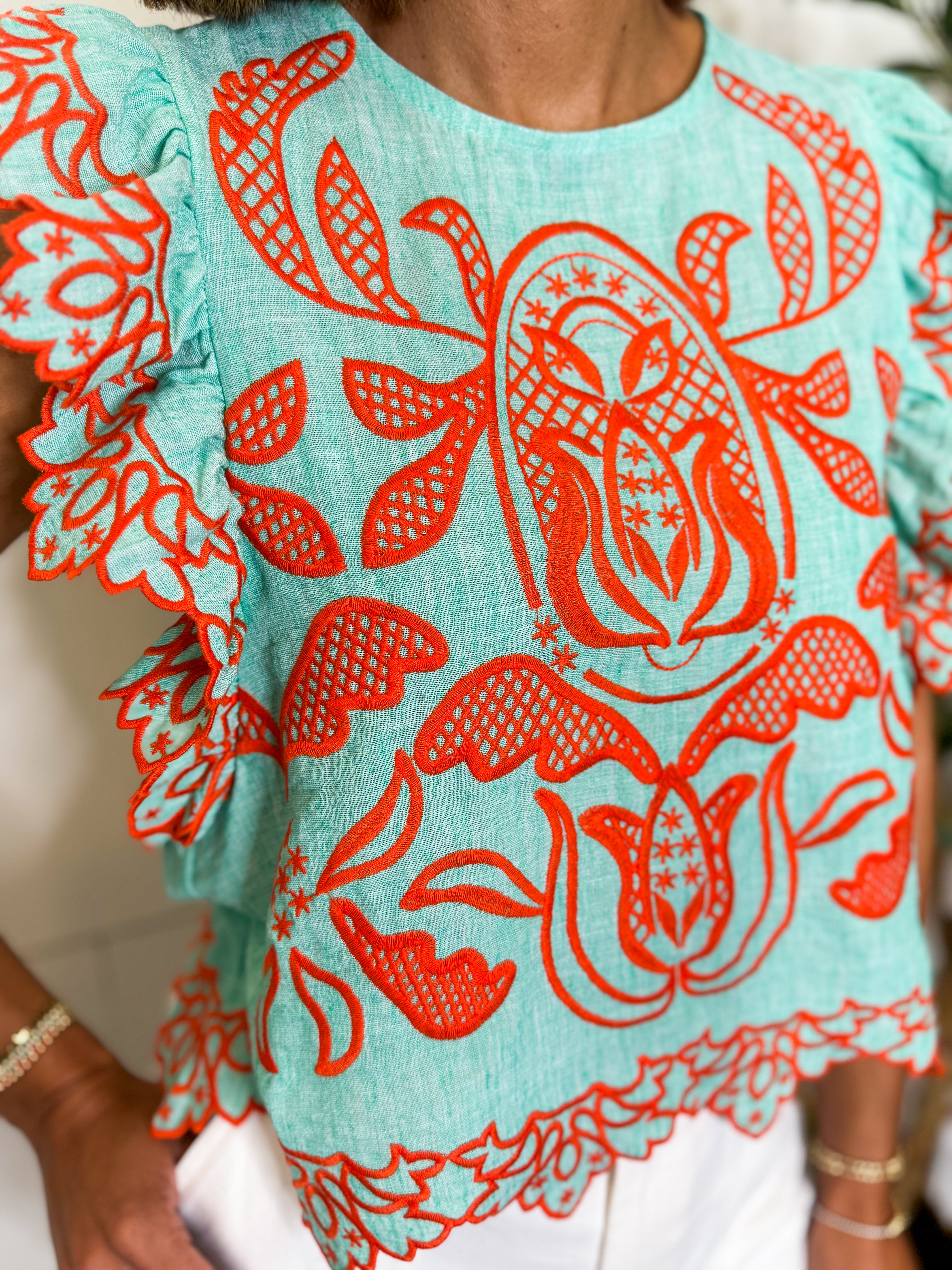 THML Flutter Sleeve Embroidered Top