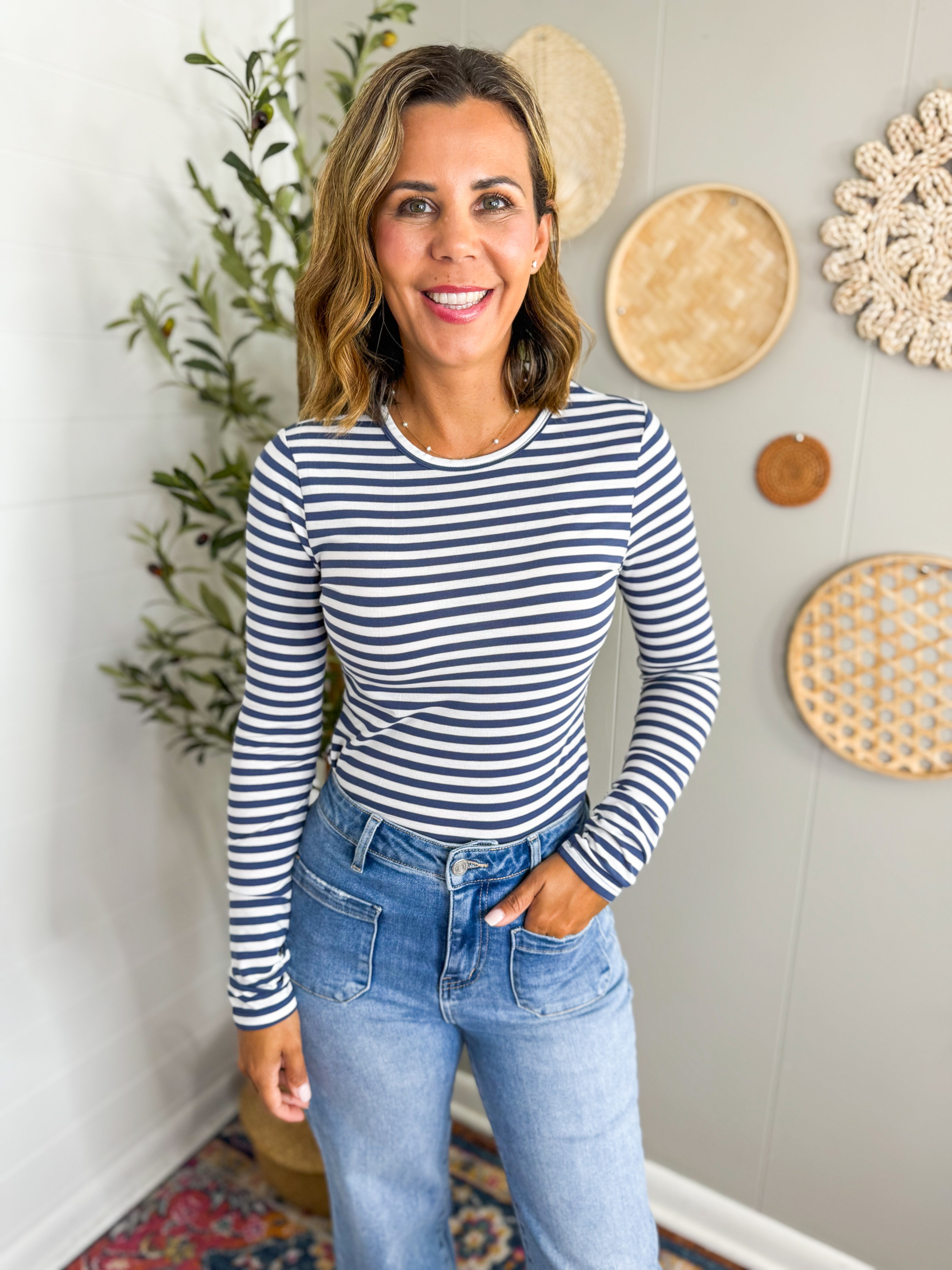 Striped Crewneck Long Sleeve Top - 2 Colors