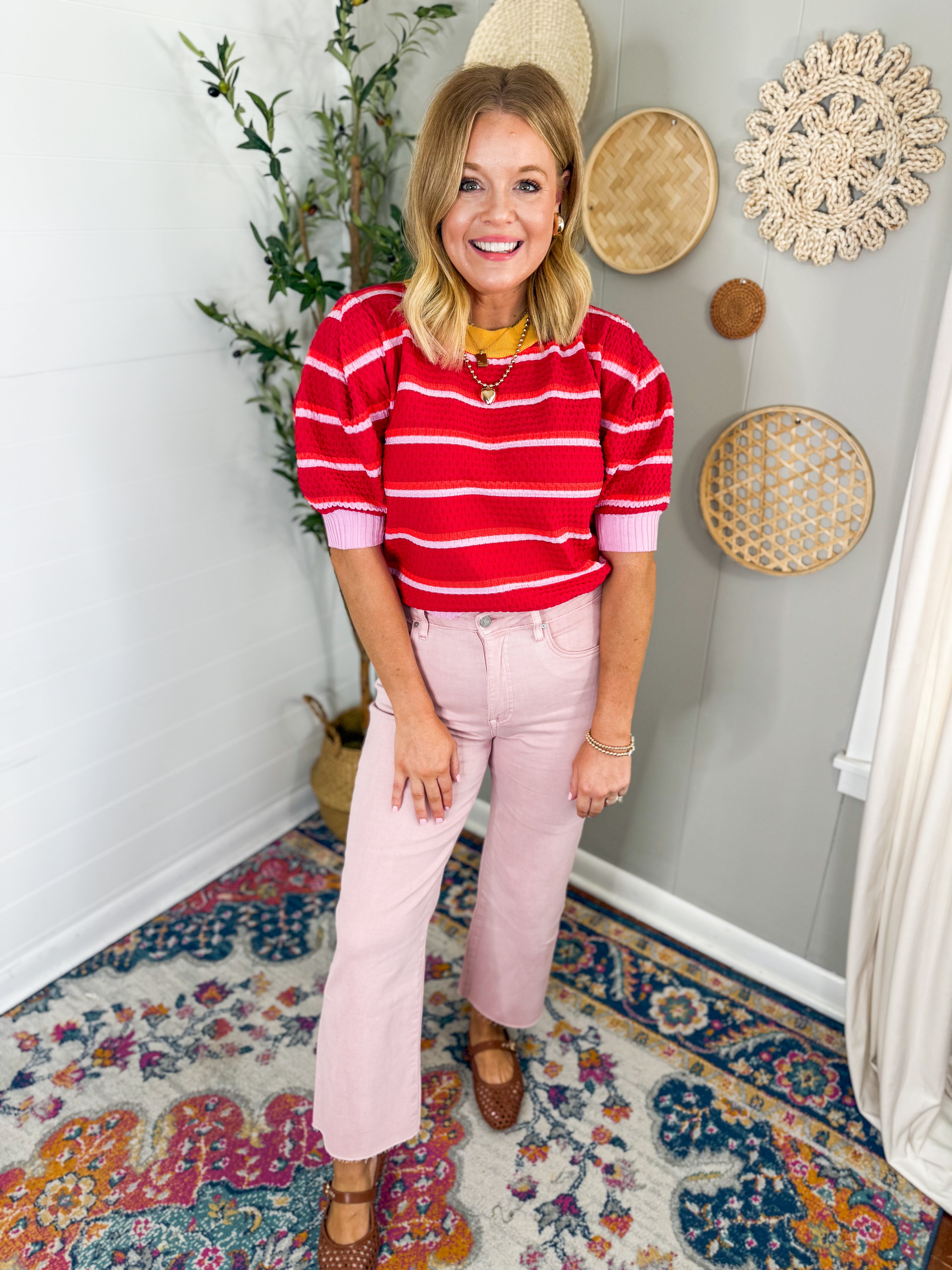 Textured Stripe Knit Crew Sweater