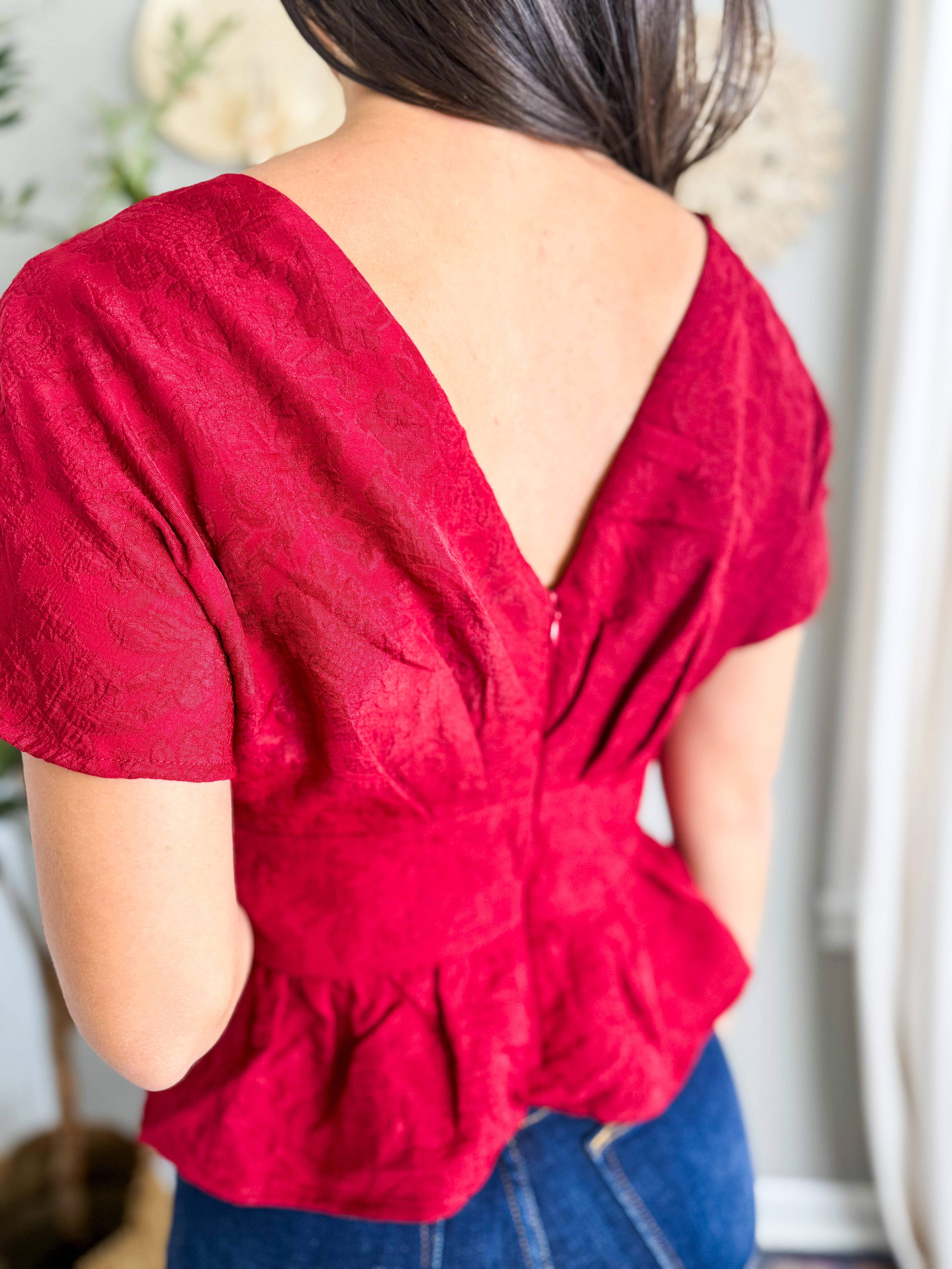 Burgundy V-Neck Peplum Top