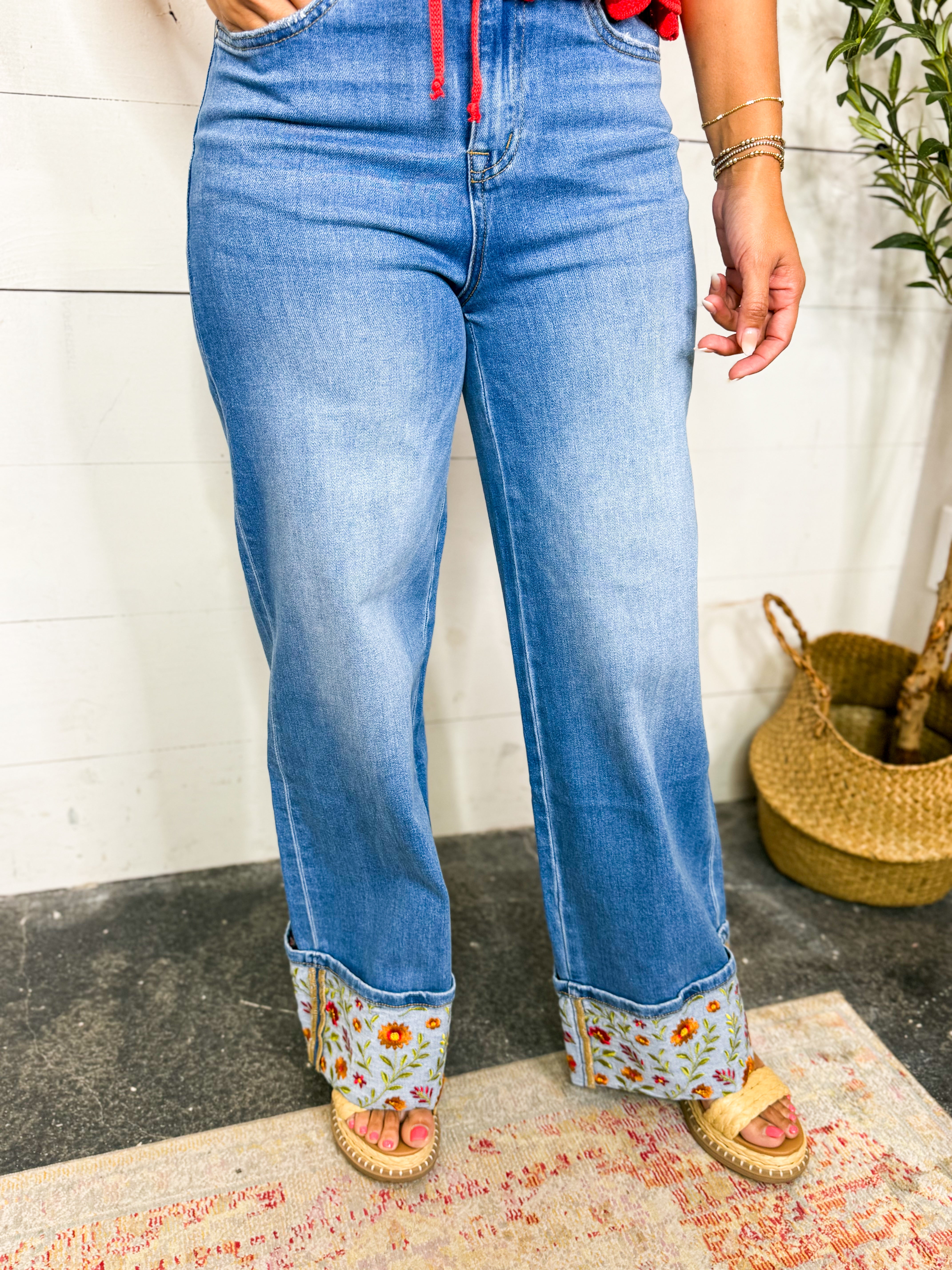 Bayeas High Rise Wide Leg Floral Cuff Jean