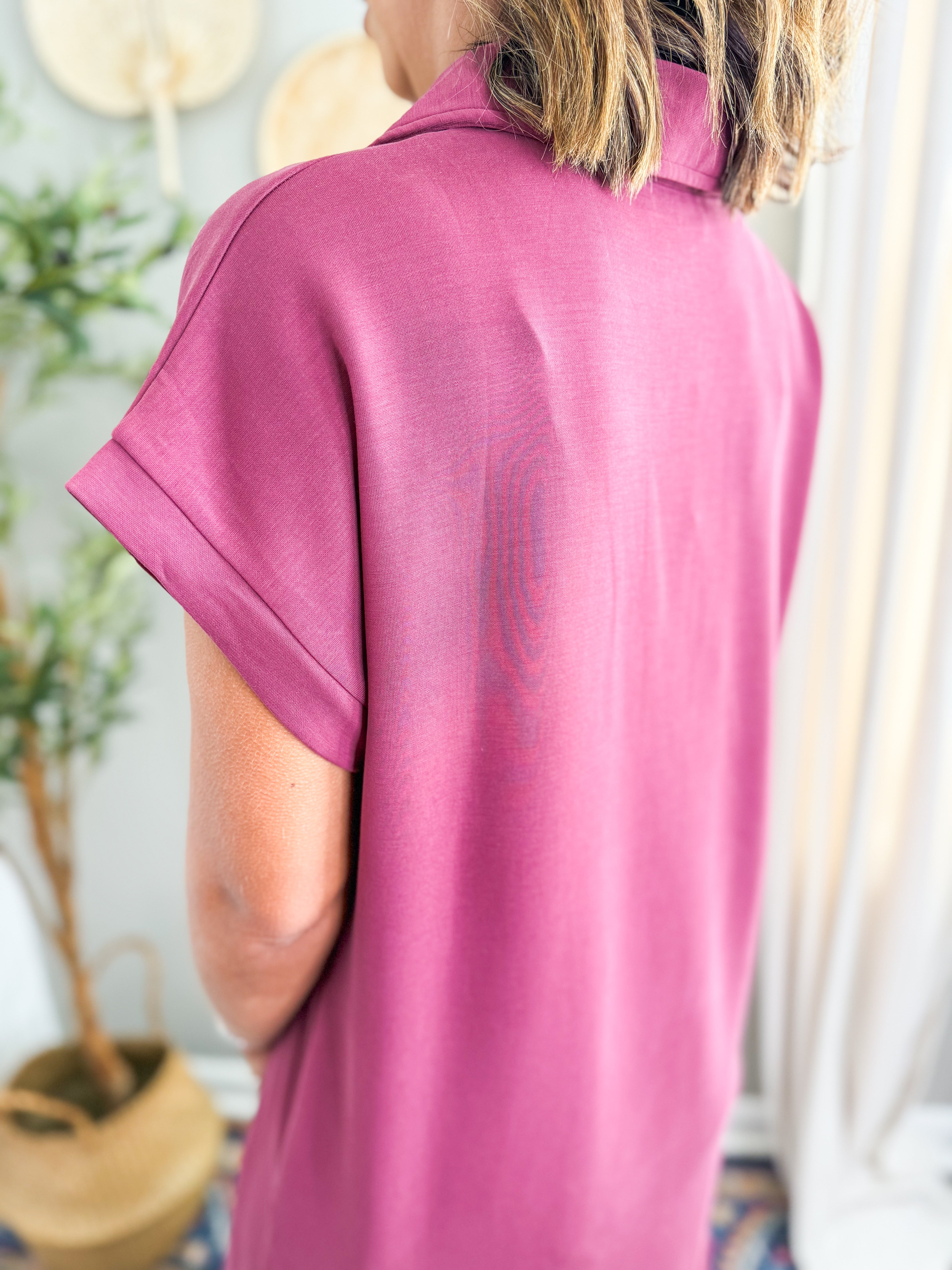 Short Sleeve V-Neck Collared Midi Dress