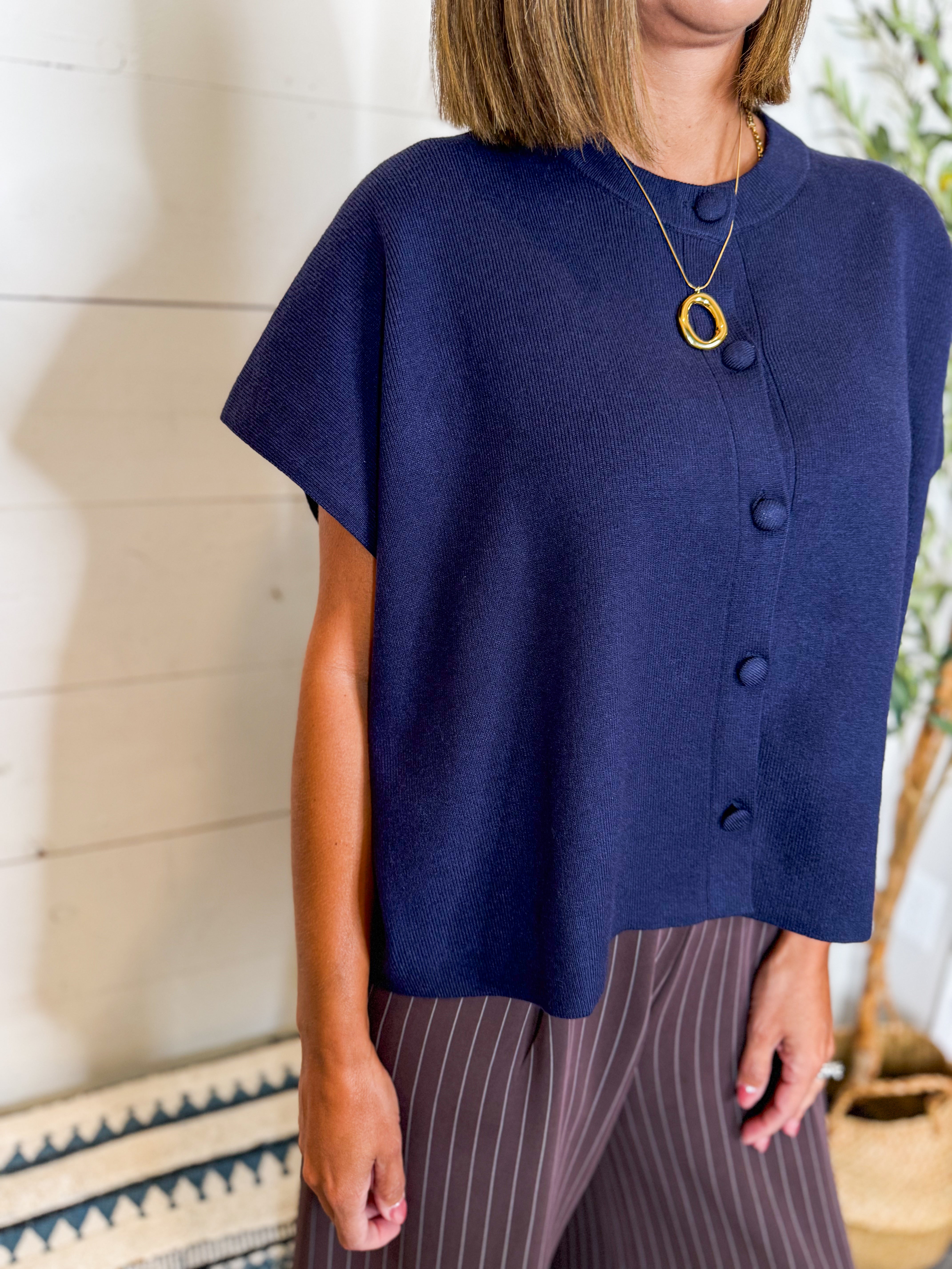Button Down Cap Sleeve Sweater-Navy