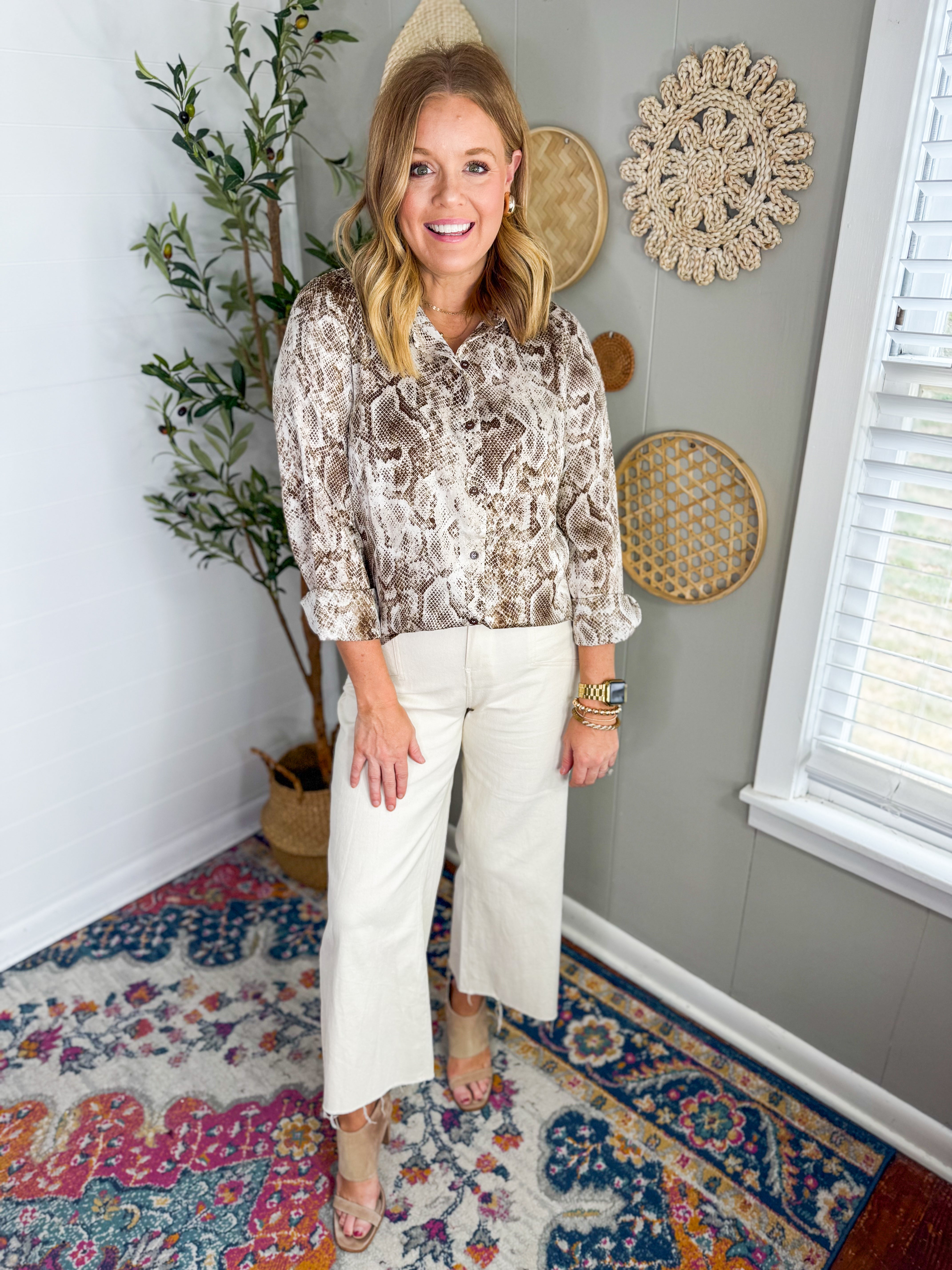 Brown Python Button Front Blouse