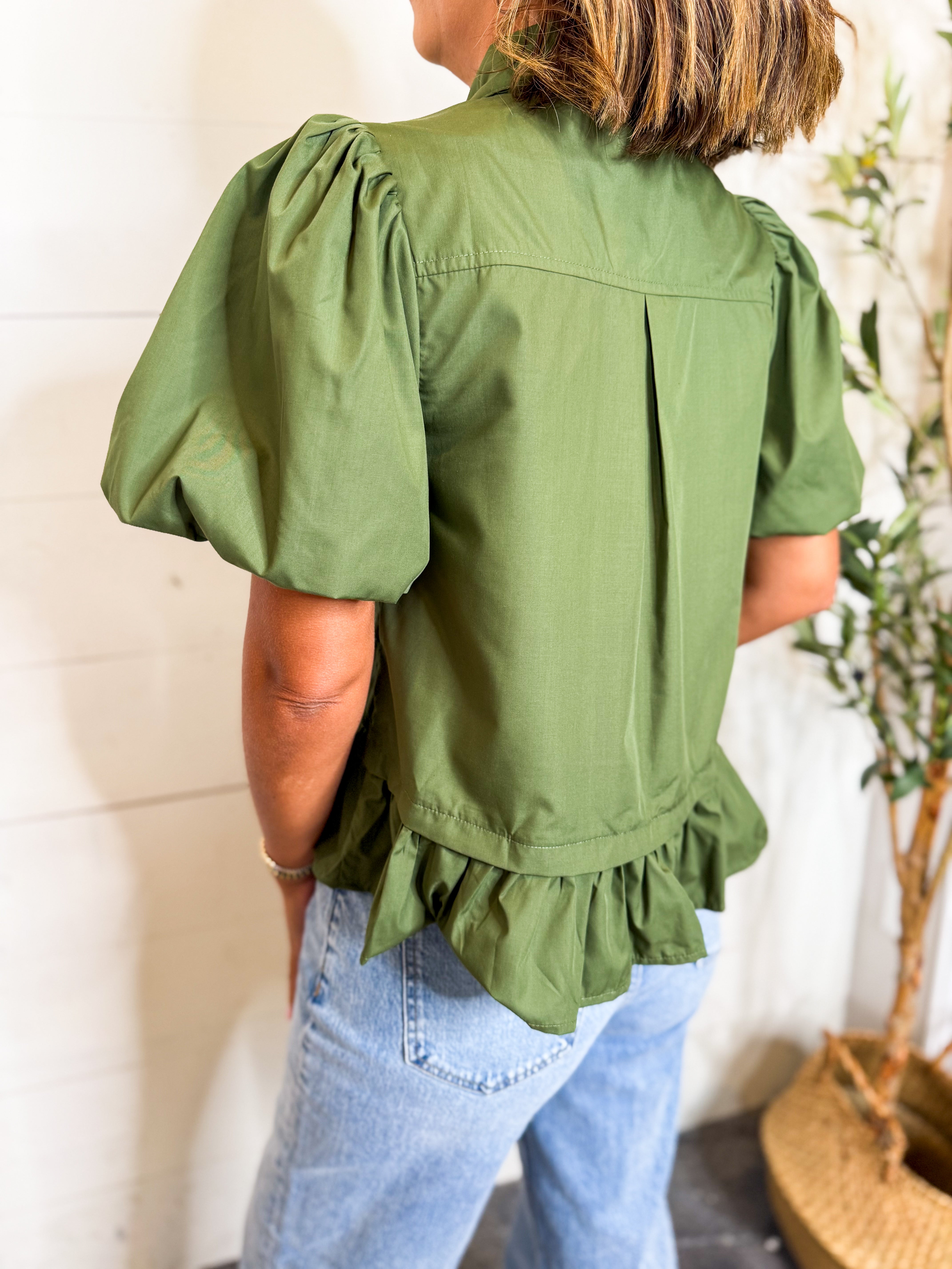 Puff Sleeve Top With Tie Collar & Ruffle Hem