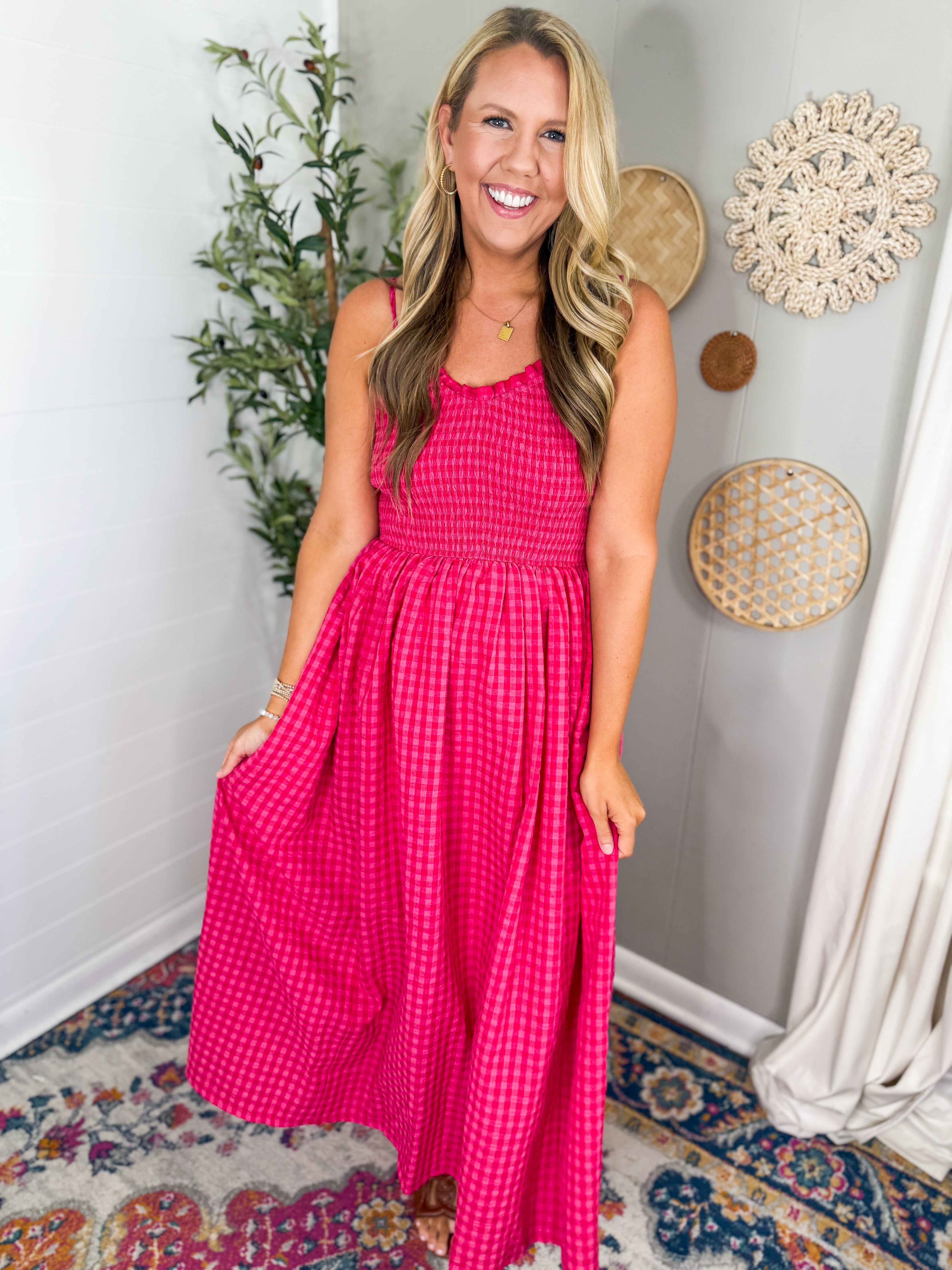 Cherry Gingham Print Maxi Dress
