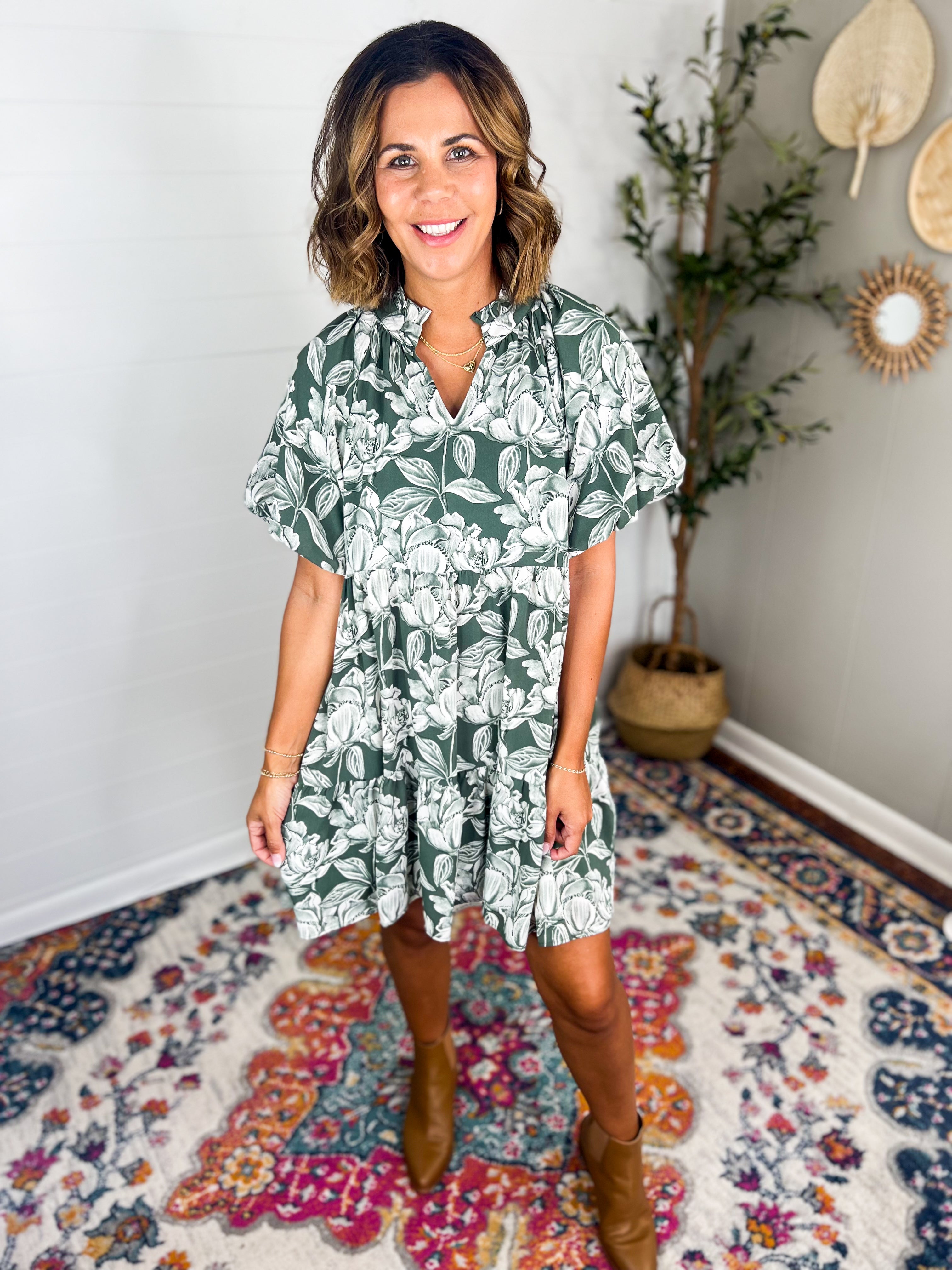 Green Floral Printed Mini Dress