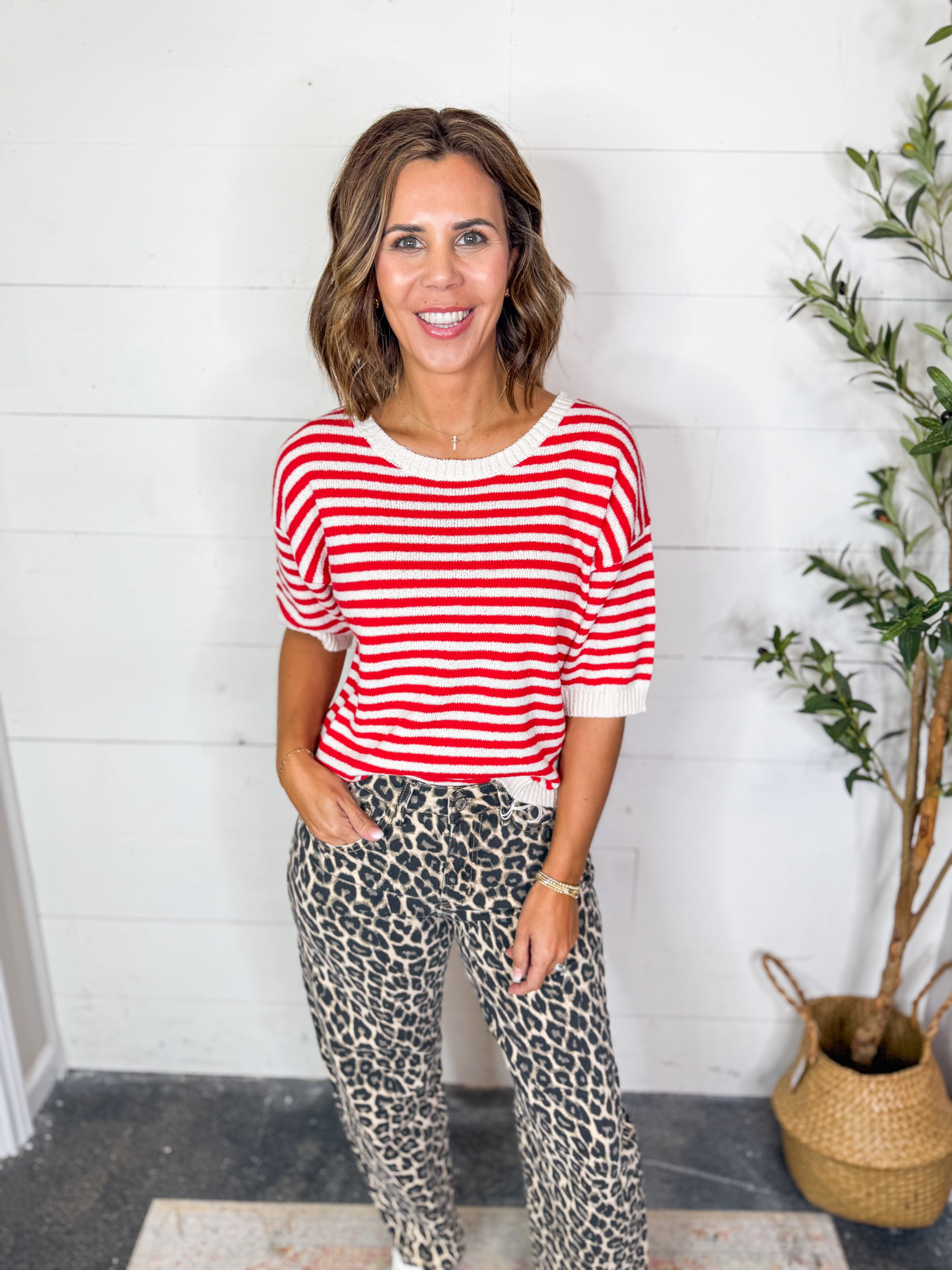 Striped Short Sleeve Knit Sweater