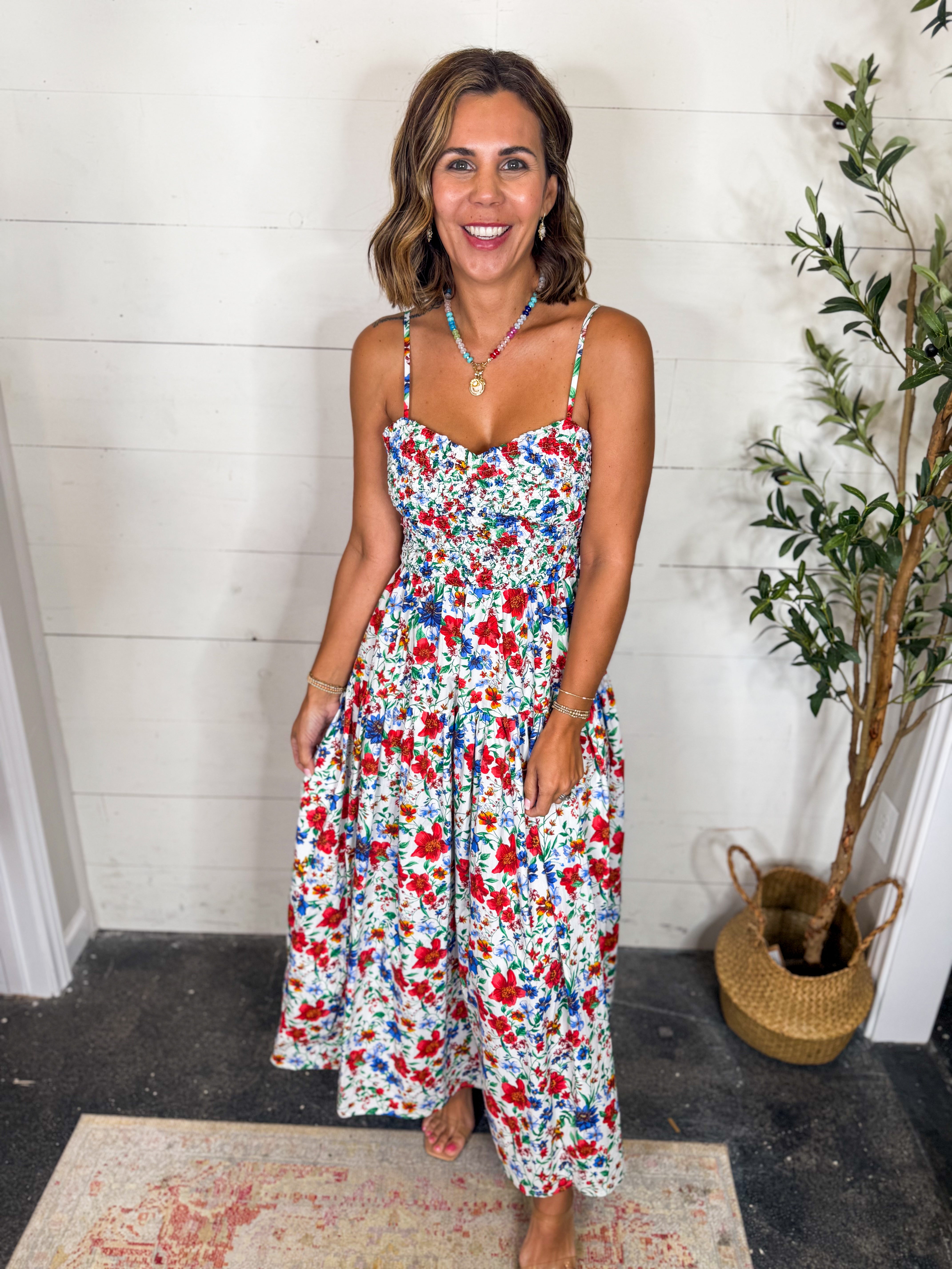 Smocked Floral Print Maxi Dress