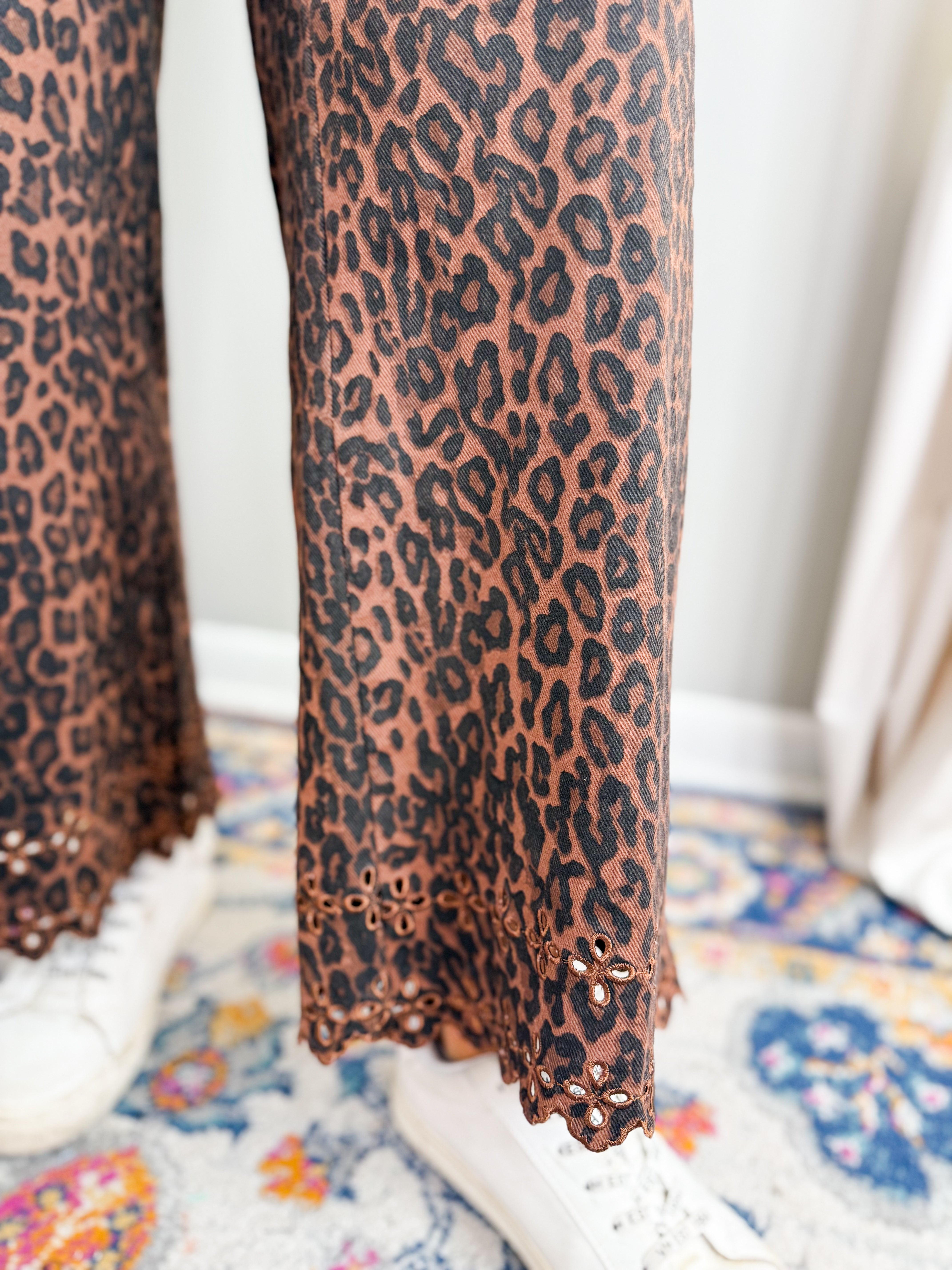 Leopard Print Pants With Floral Embroidery Hem