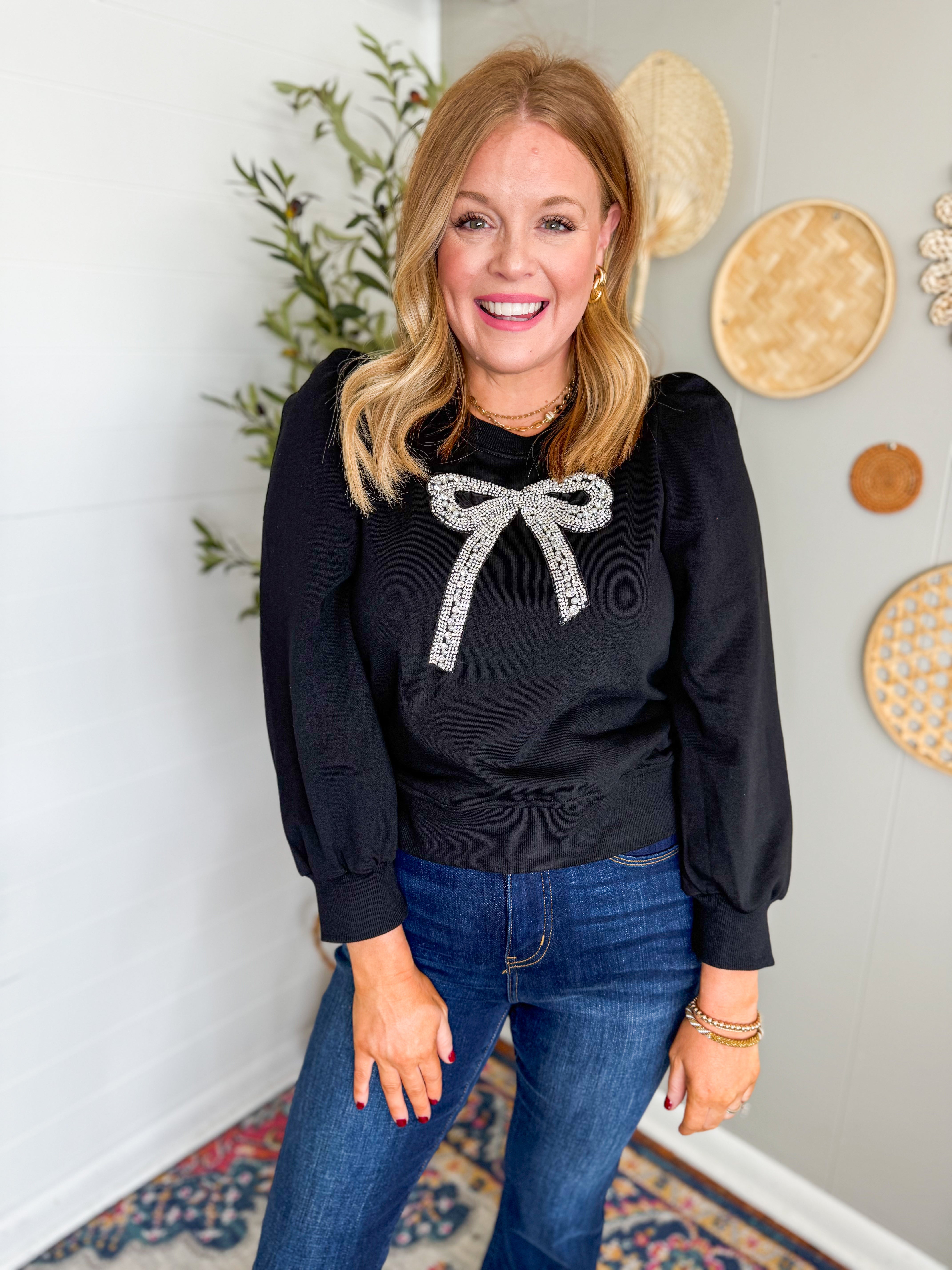 Front Crystal Embellished Bow Detail Sweatshirt