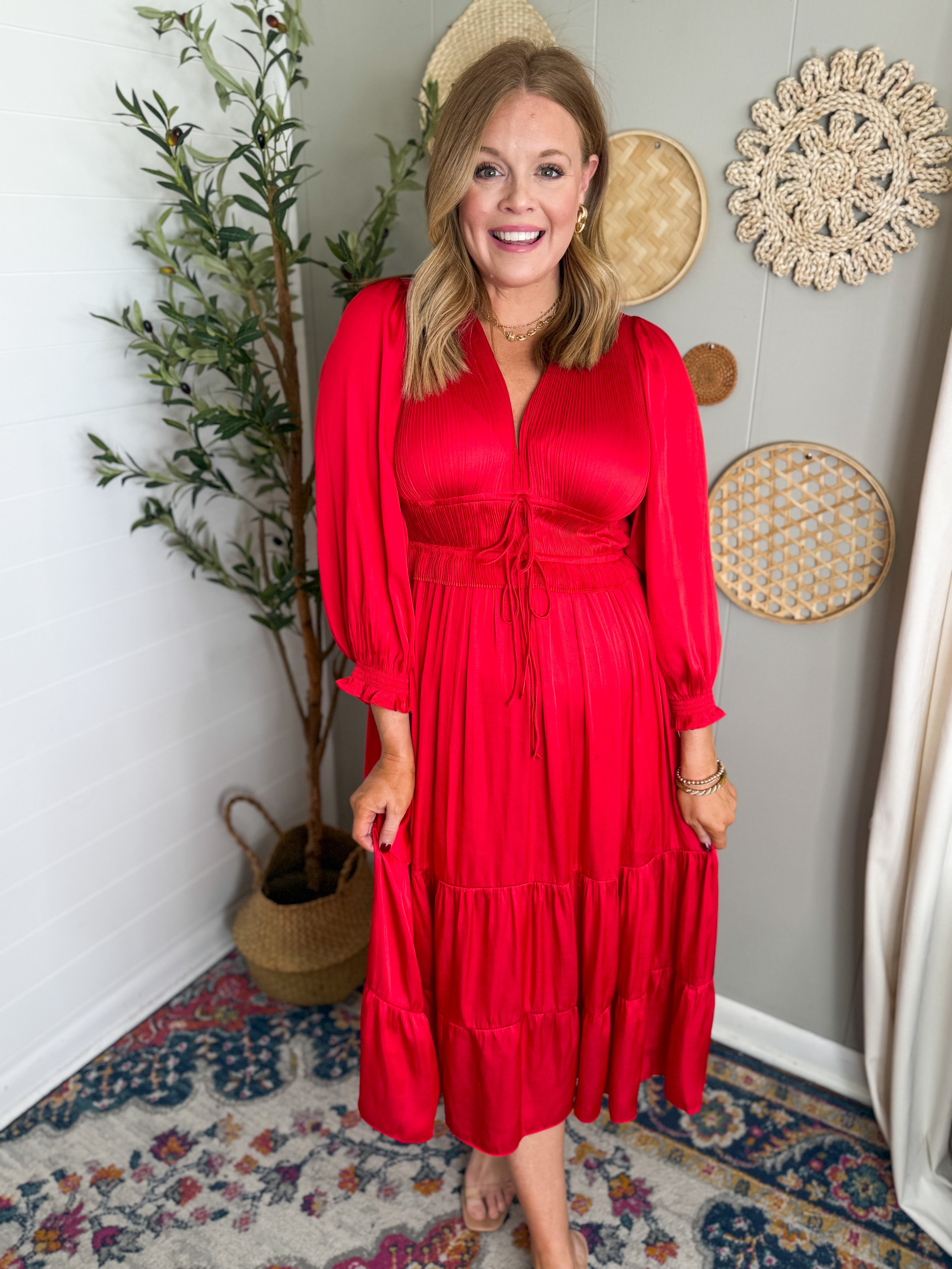 V-neck Pleated Tiered Midi Dress